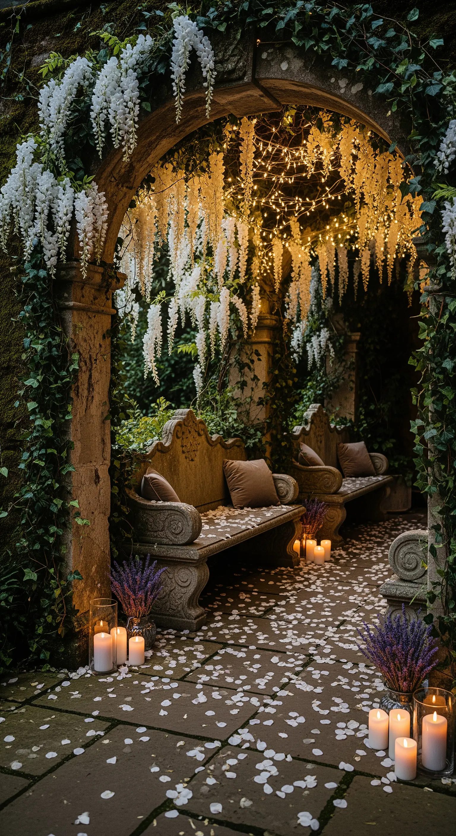 Arco in pietra con cascate di fiori bianchi, lucine e panche intagliate.