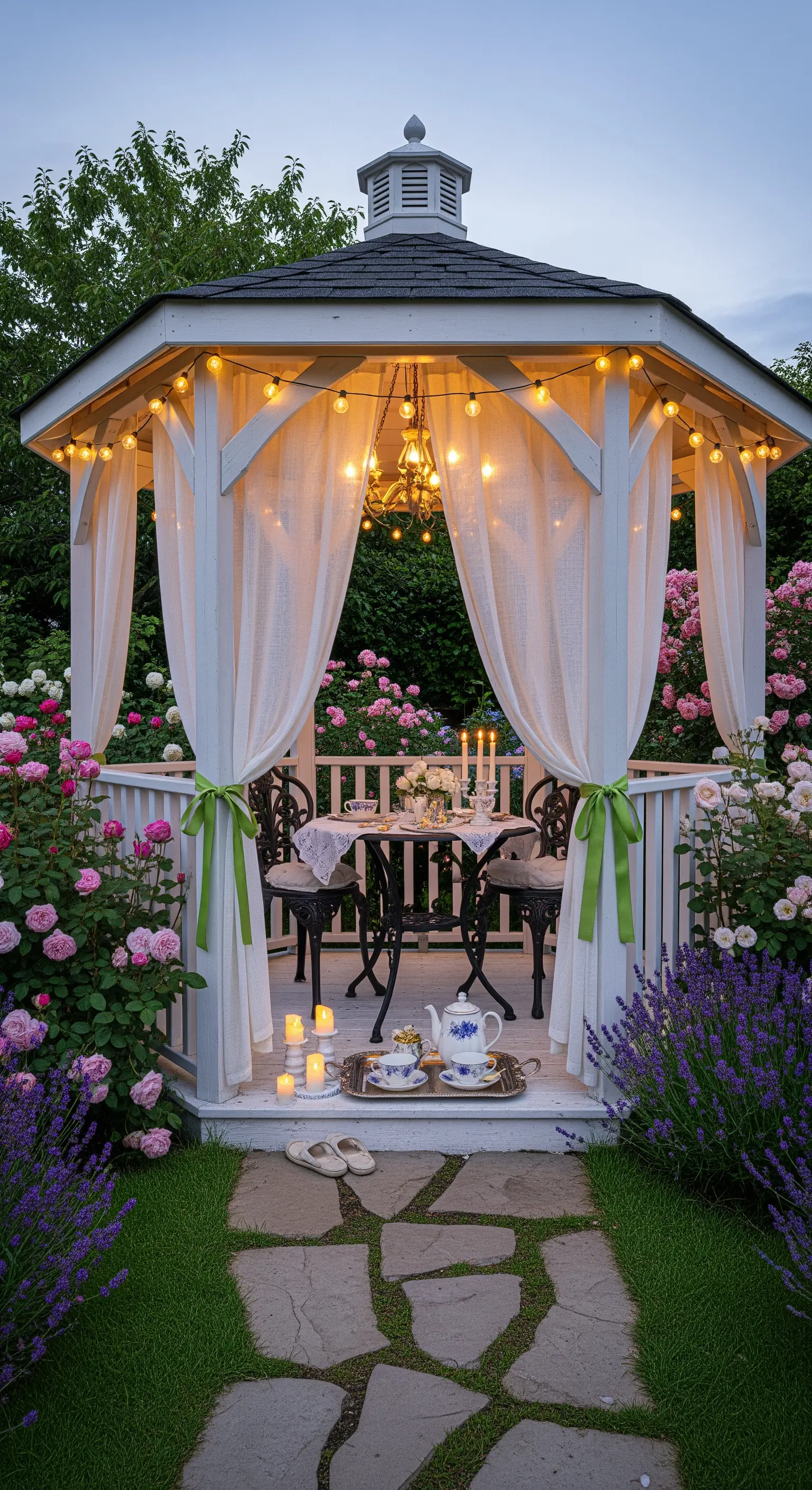 Gazebo bianco in legno circondato da un roseto, con tavolo da tè e luci a filo.