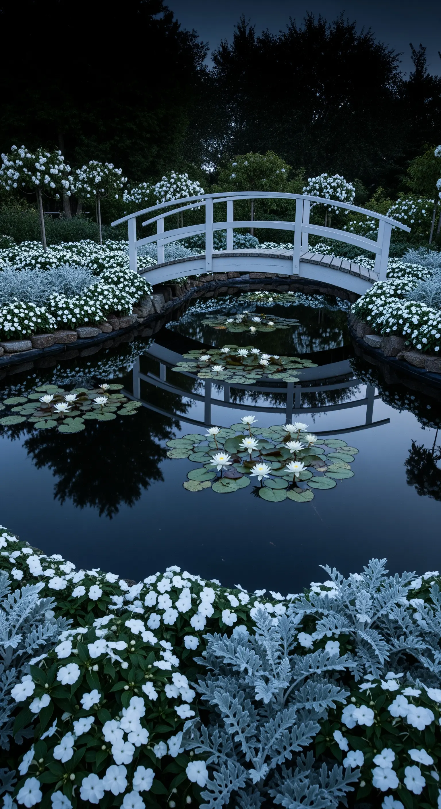 Ponte bianco di notte in un giardino con fiori bianchi e fogliame argenteo