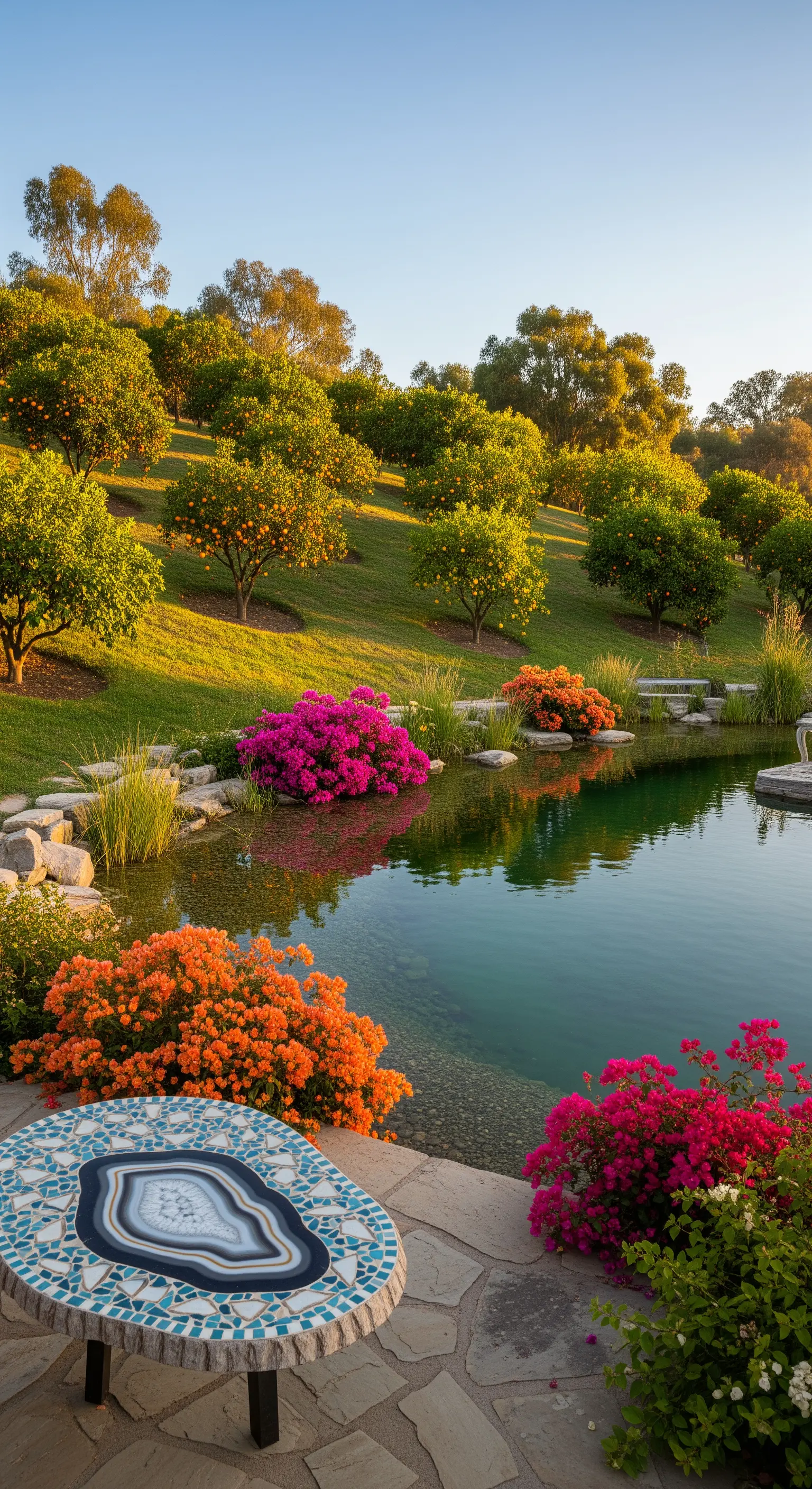 Tavolo in mosaico con top effetto agata vicino a un laghetto e cespugli di bouganville.