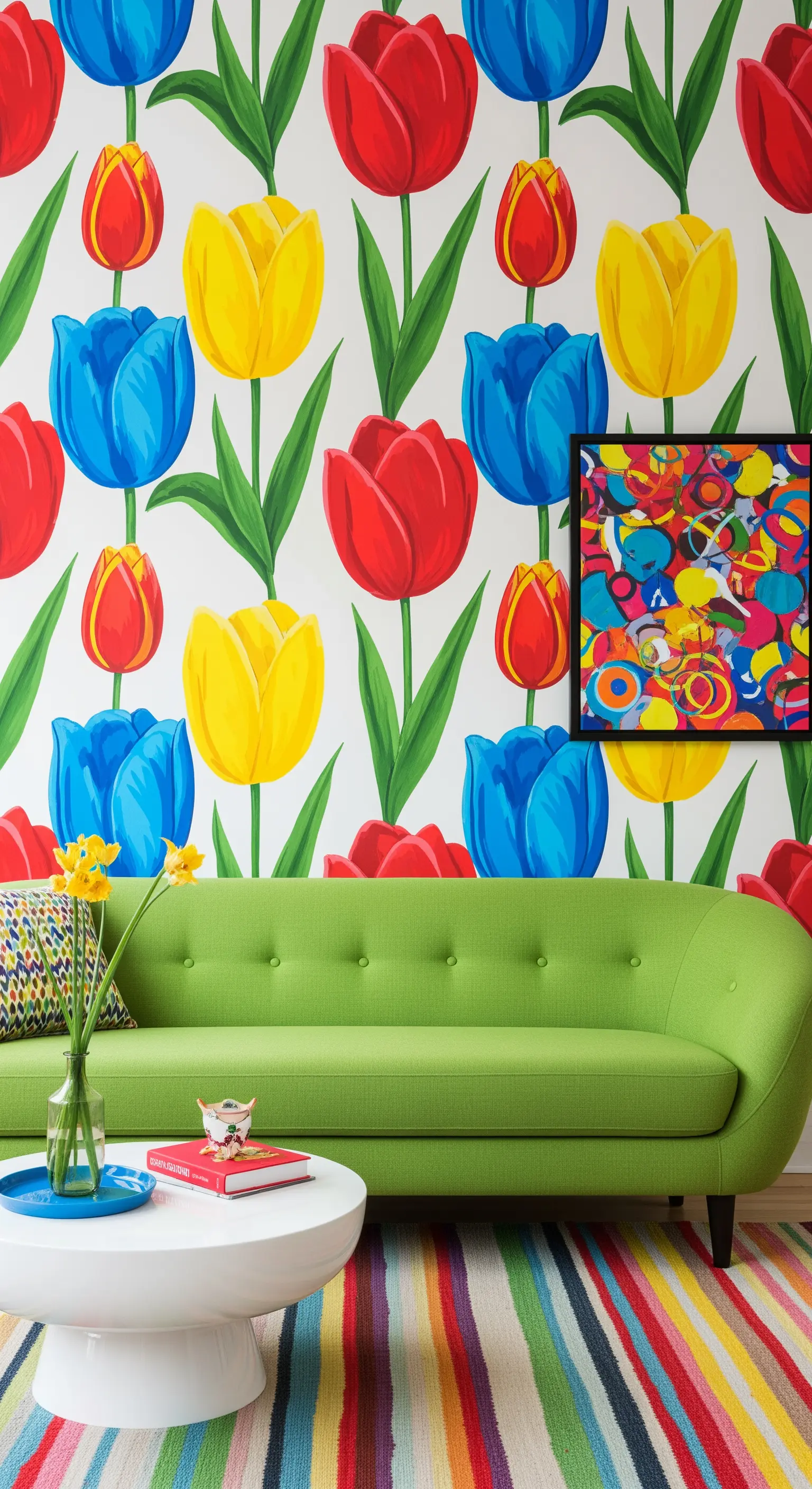 Salotto colorato con carta da parati a tulipani pop e divano verde lime.