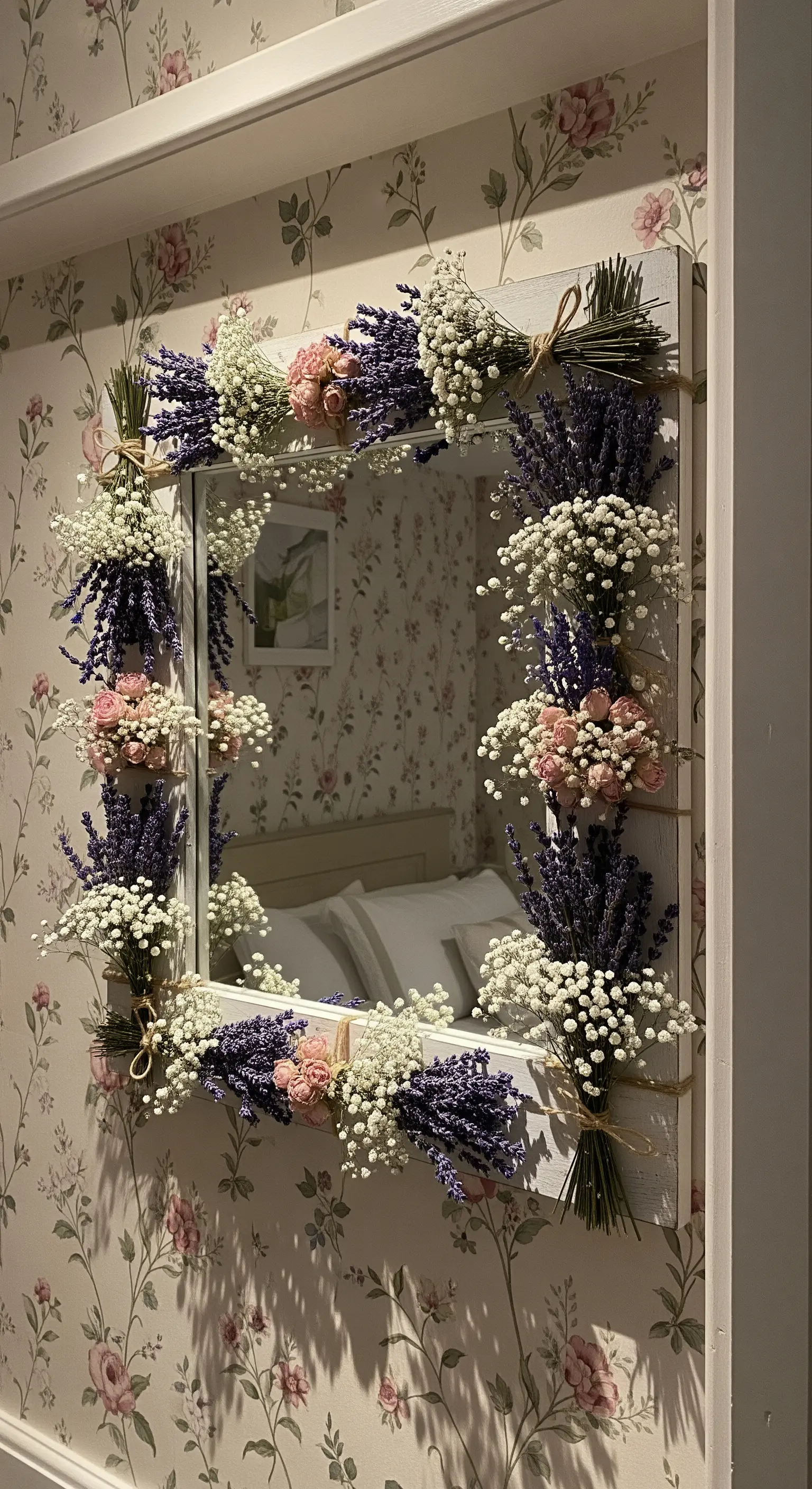 Specchio quadrato con cornice bianca decorata da mazzolini di fiori secchi come lavanda e gipsofila.