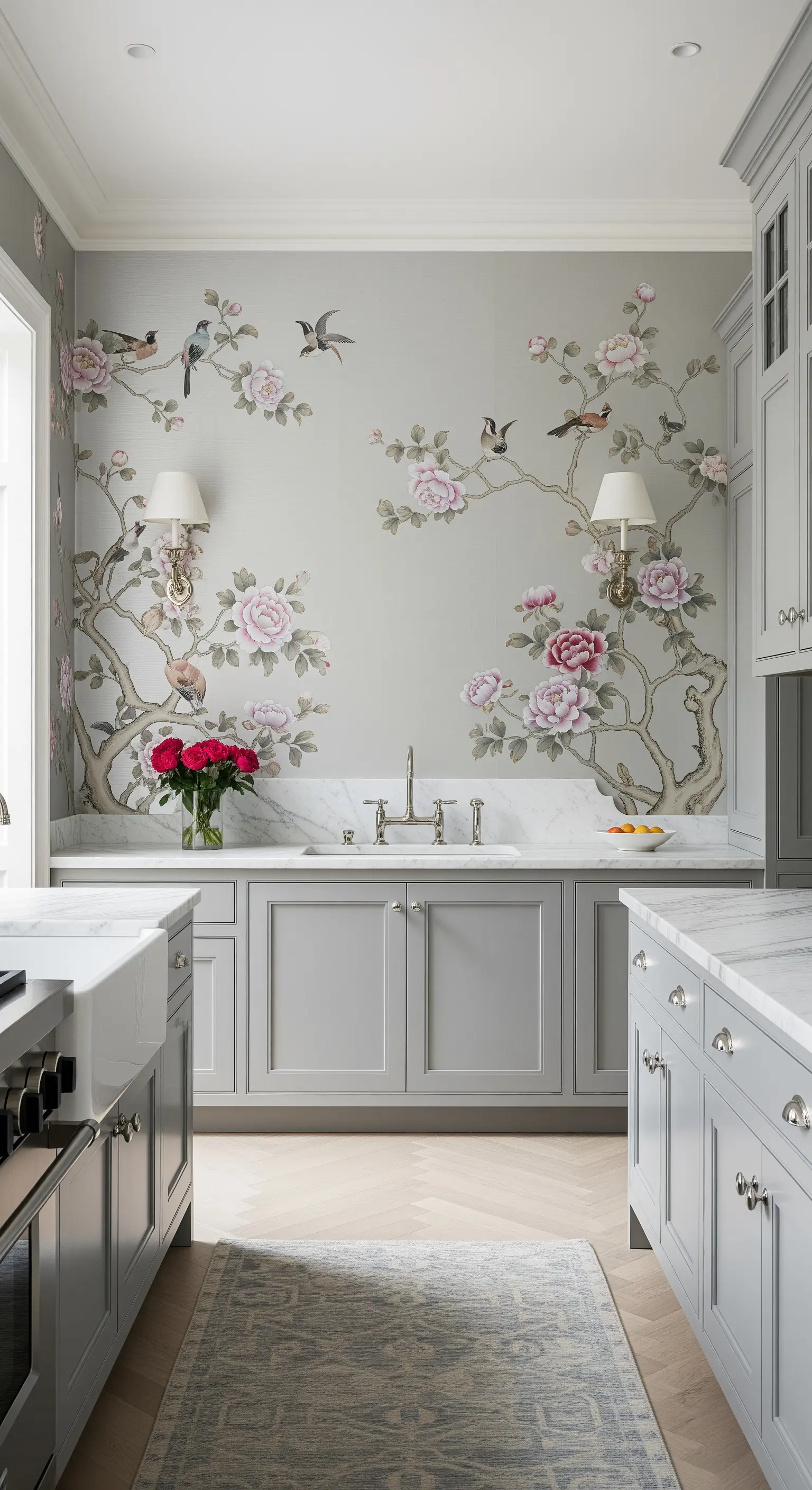 Cucina grigia con carta da parati Chinoiserie raffigurante rami e uccelli.