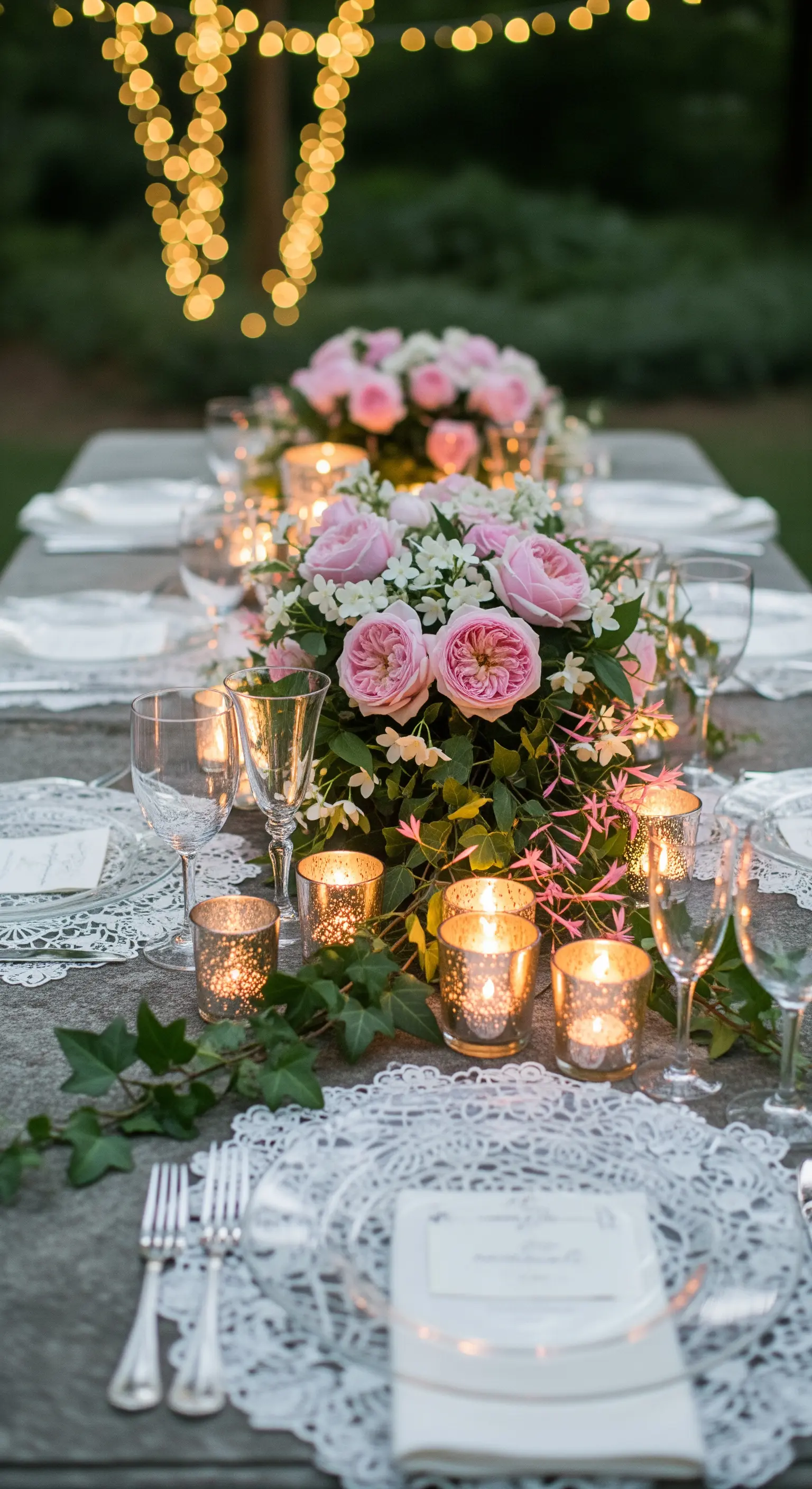 Tavola esterna con sottopiatti in pizzo, rose rosa e tanti portacandele in vetro mercurizzato.