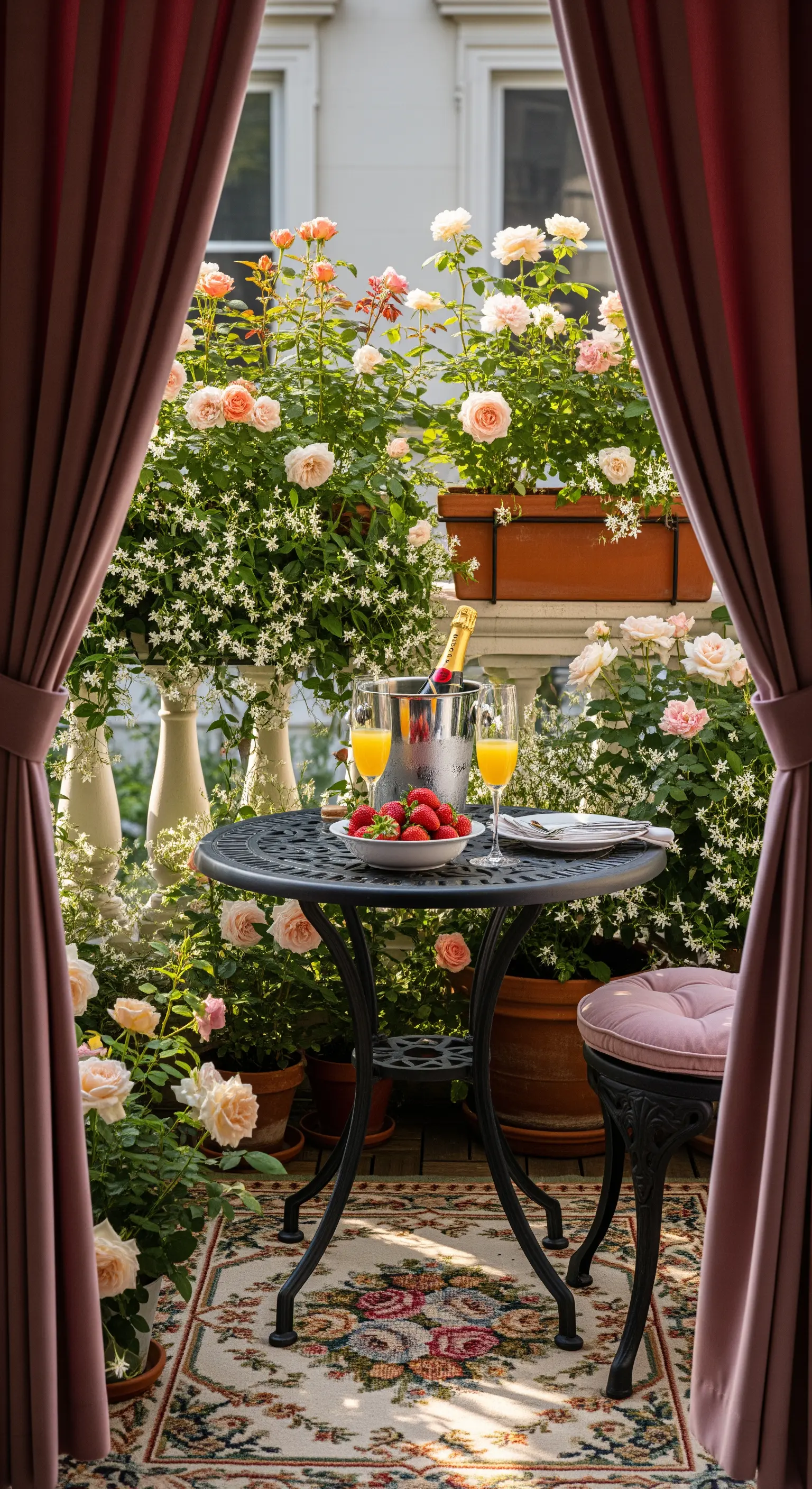 Balcone piccolo e fiorito con rose, tavolino nero e un tappeto vintage a medaglione floreale.