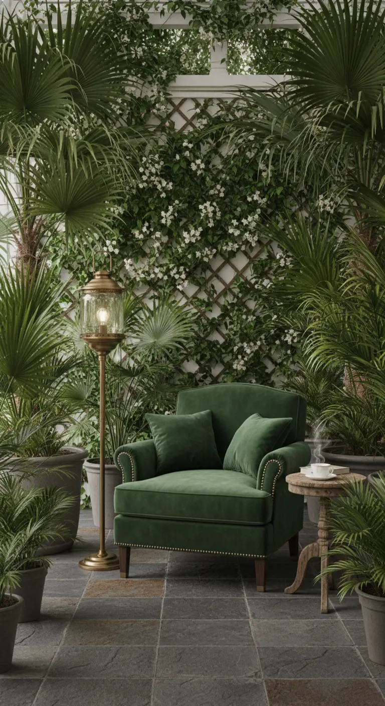 Poltrona in velluto verde scuro in un patio lussureggiante con piante rampicanti e una lanterna.