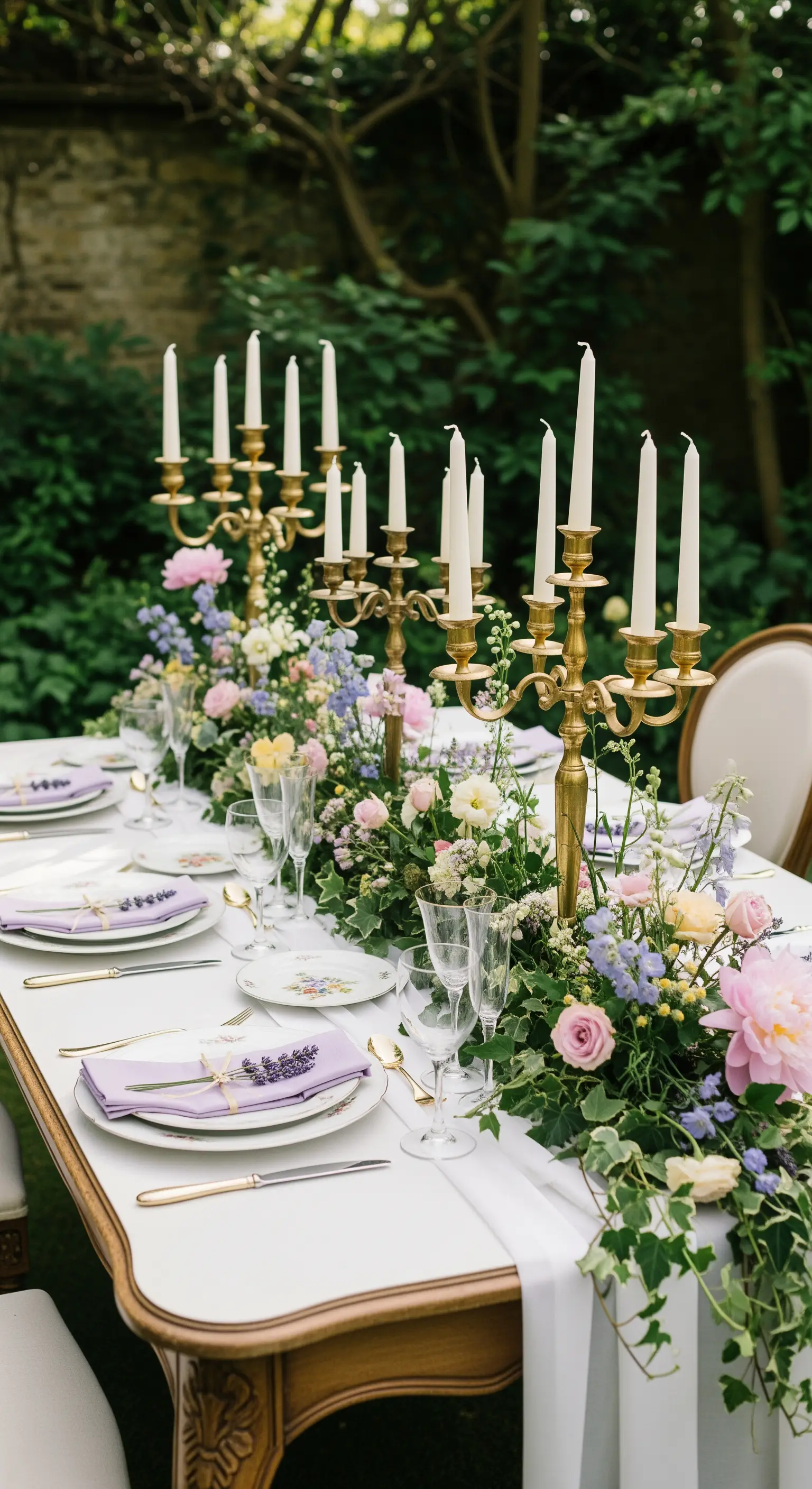 Tavola da matrimonio in giardino con un ricco runner floreale in toni pastello.