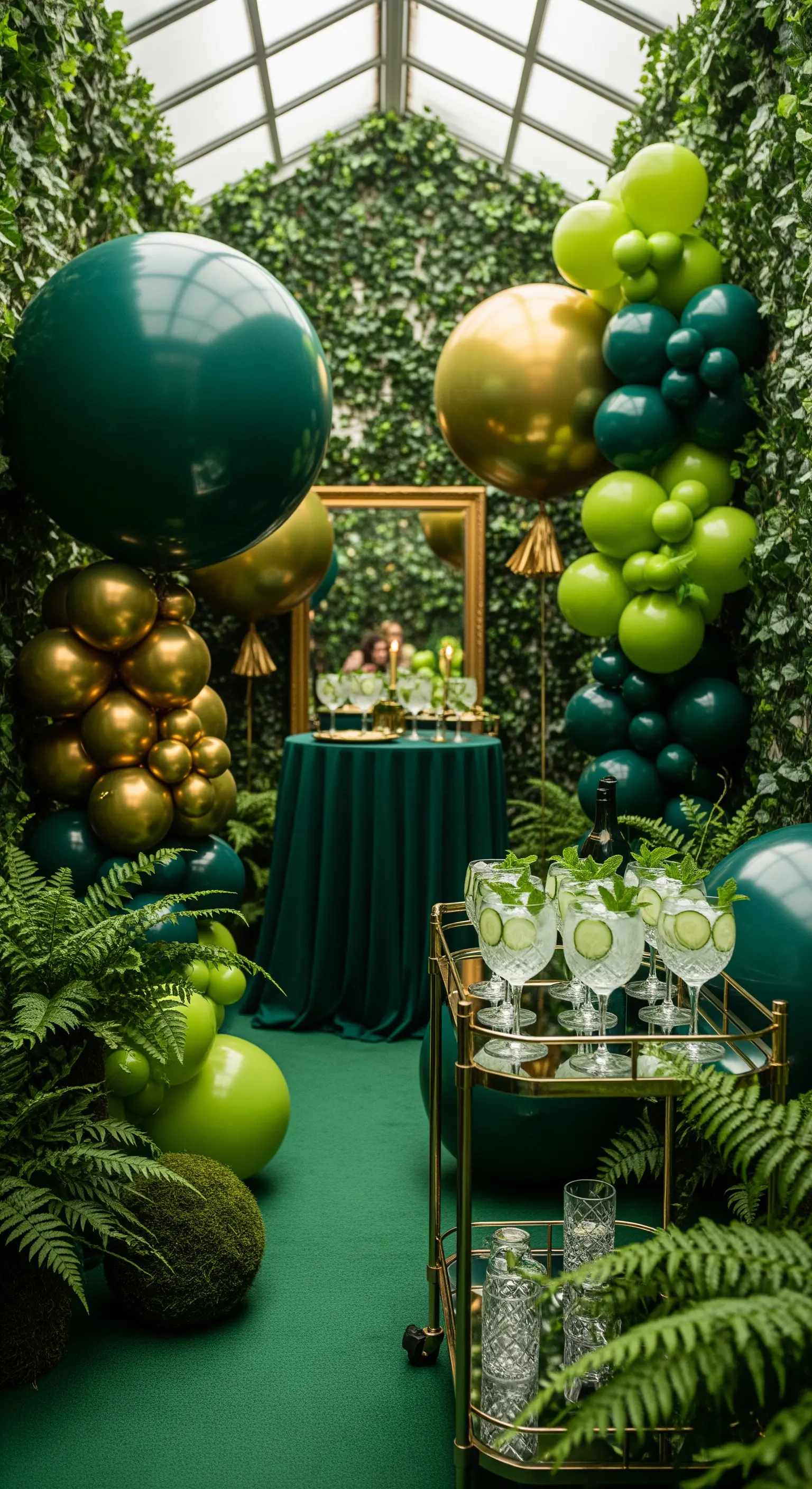 Allestimento in una serra con palloncini verdi e oro, felci e tavolo in velluto.