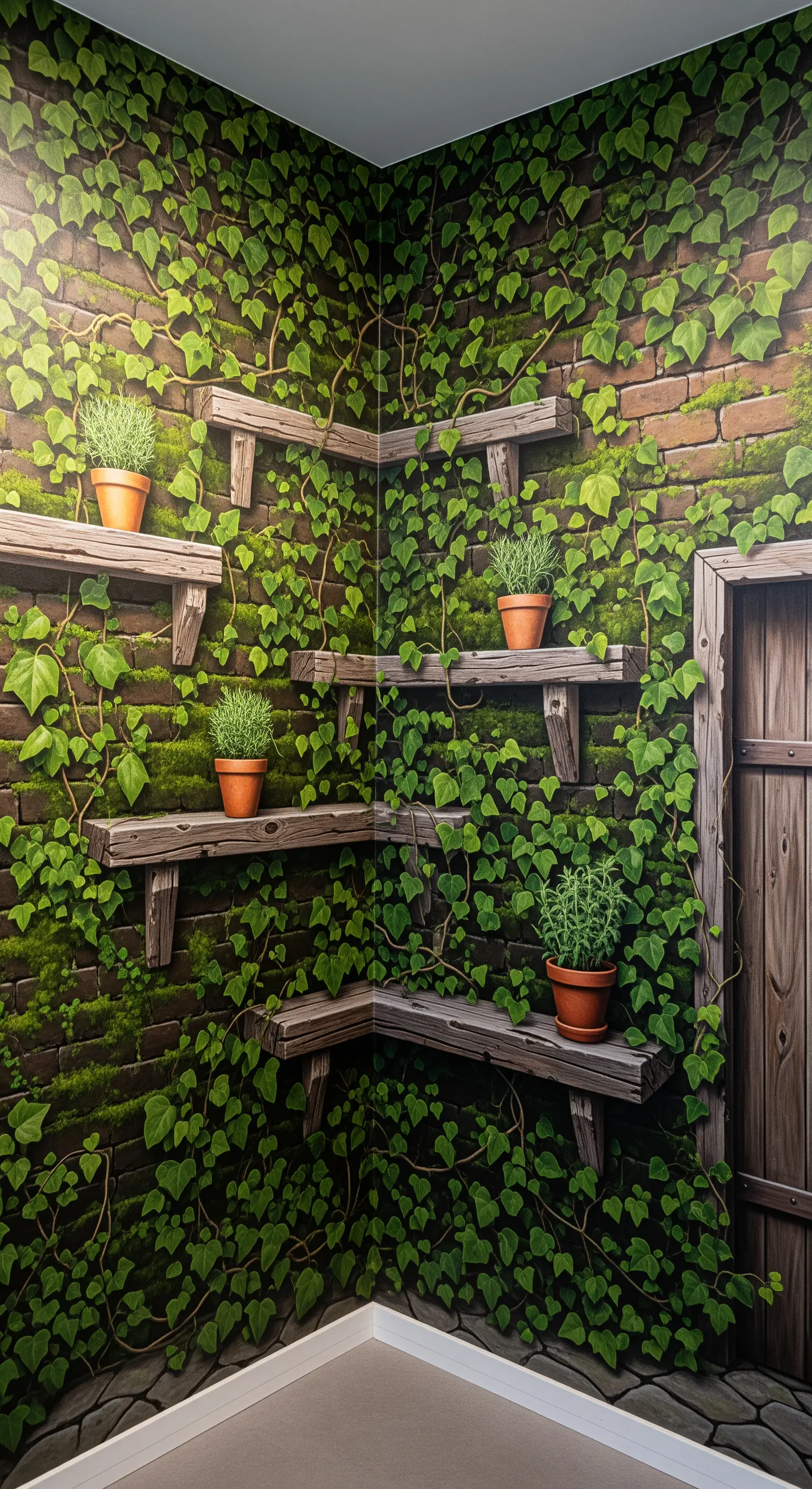 Mensole rustiche in legno su un murale trompe-l'œil che raffigura un muro di mattoni con edera.