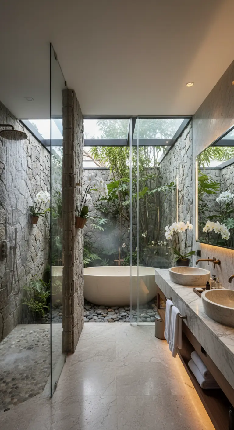 Bagno con pareti in pietra e vetro che si apre su un giardino, con vasca e doccia a vista.
