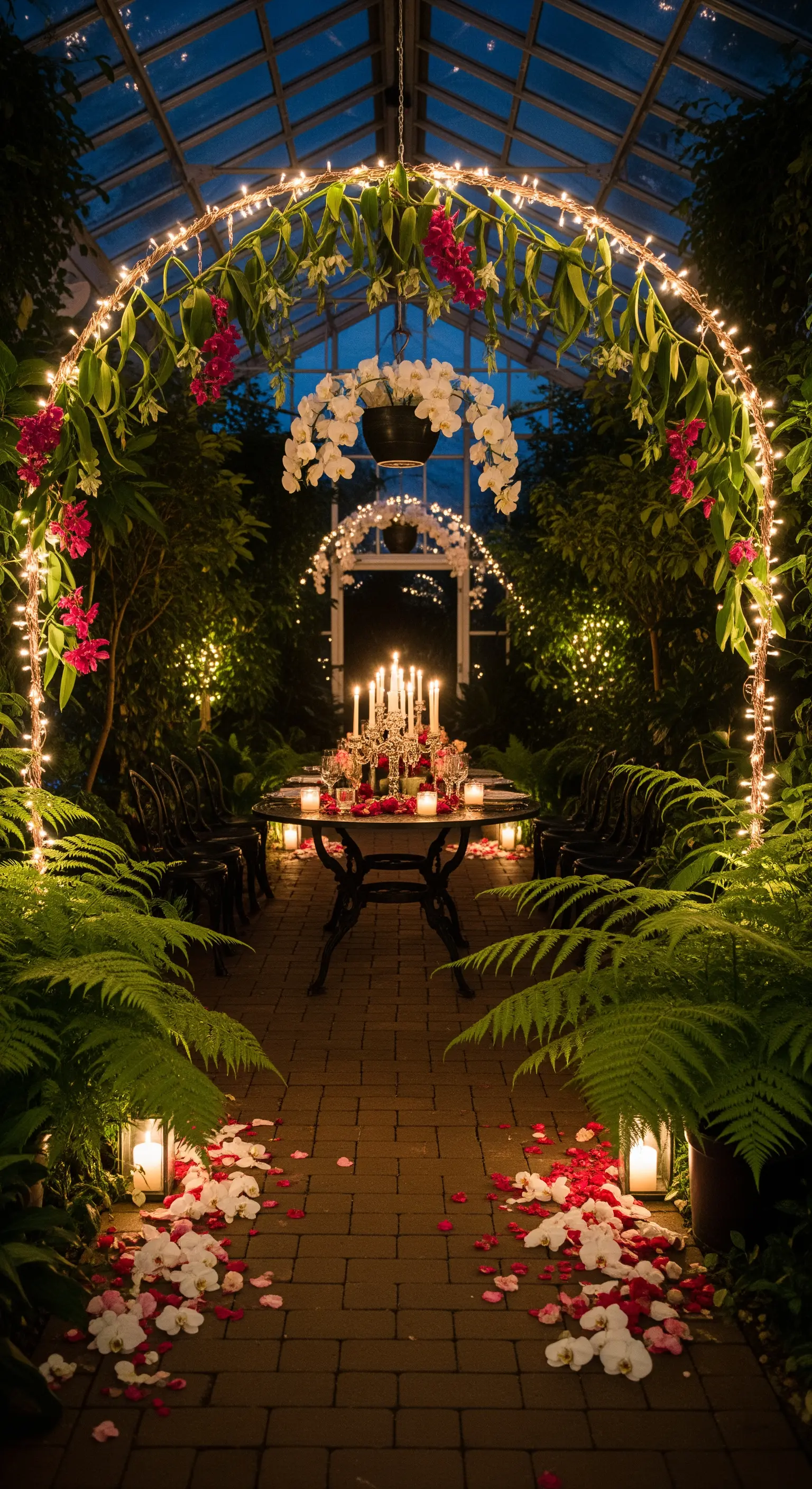 Cena elegante in una serra illuminata da un arco di lucine e un grande candelabro.