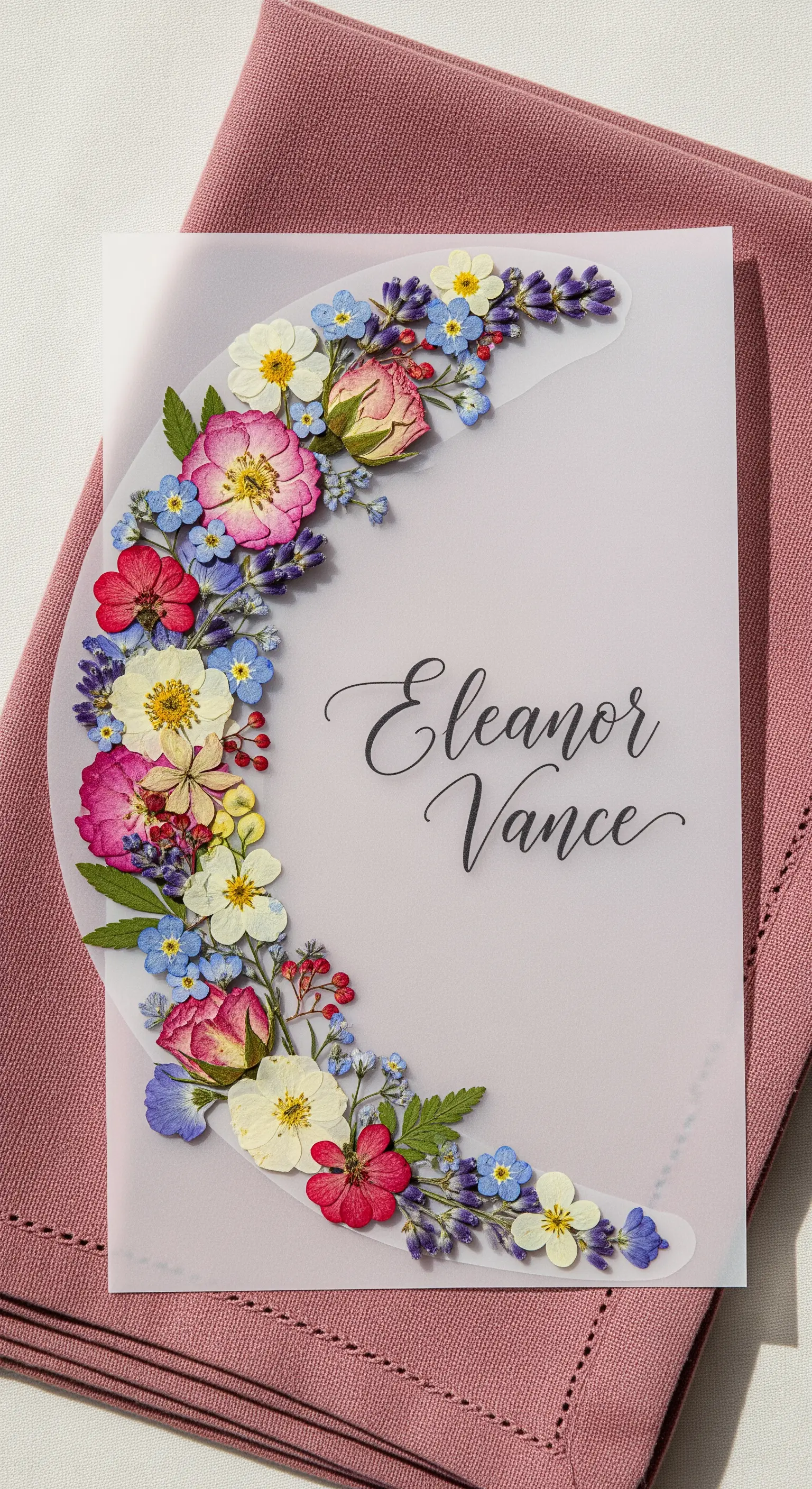 Composizione a mezzaluna di fiori pressati colorati su carta pergamena con nome.