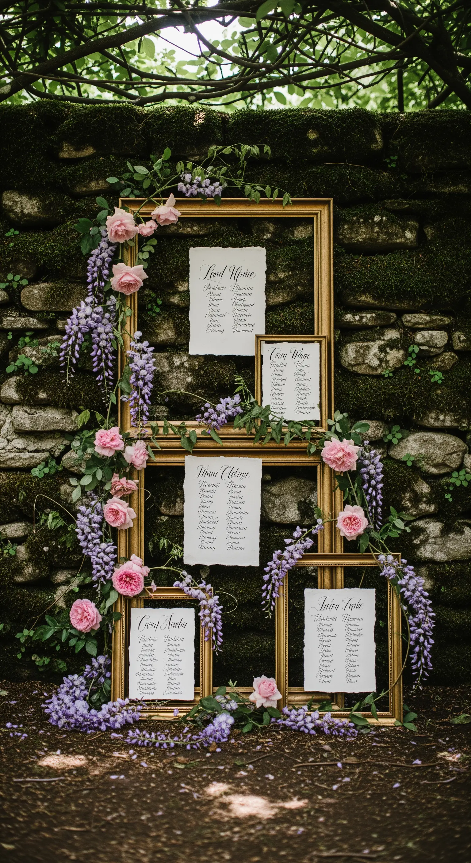 Tableau mariage con cornici dorate sovrapposte e avvolte da glicine e rose rosa, contro un muro di pietra.