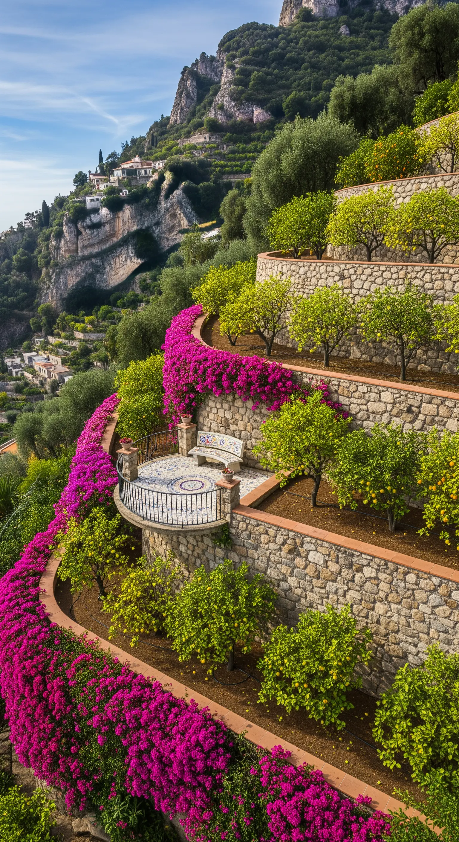 Giardino terrazzato sulla costa con muri ricoperti di bouganville e alberi di agrumi.