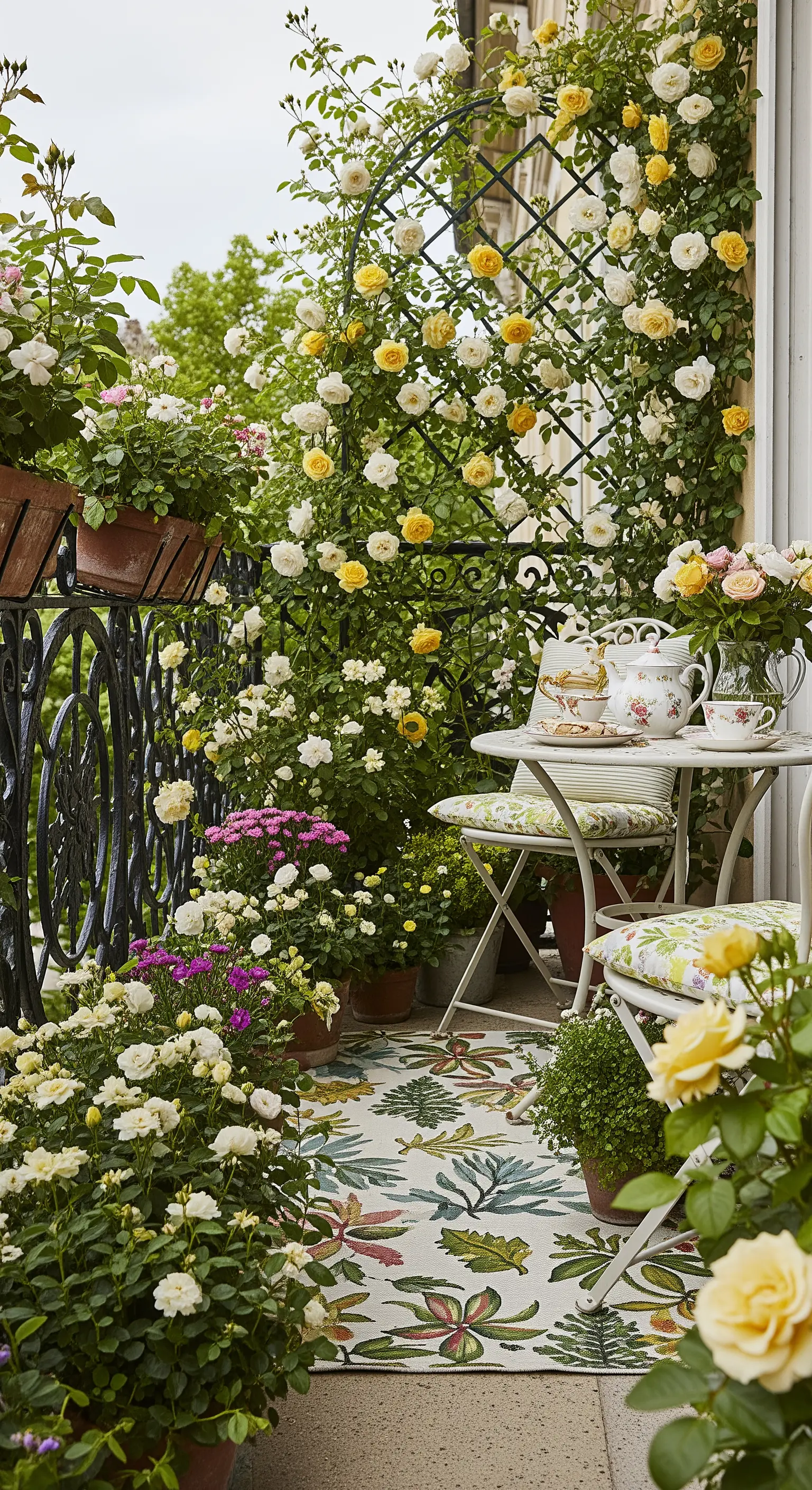 Balcone piccolo ma lussureggiante con un graticcio coperto di rose e un tappeto a tema floreale