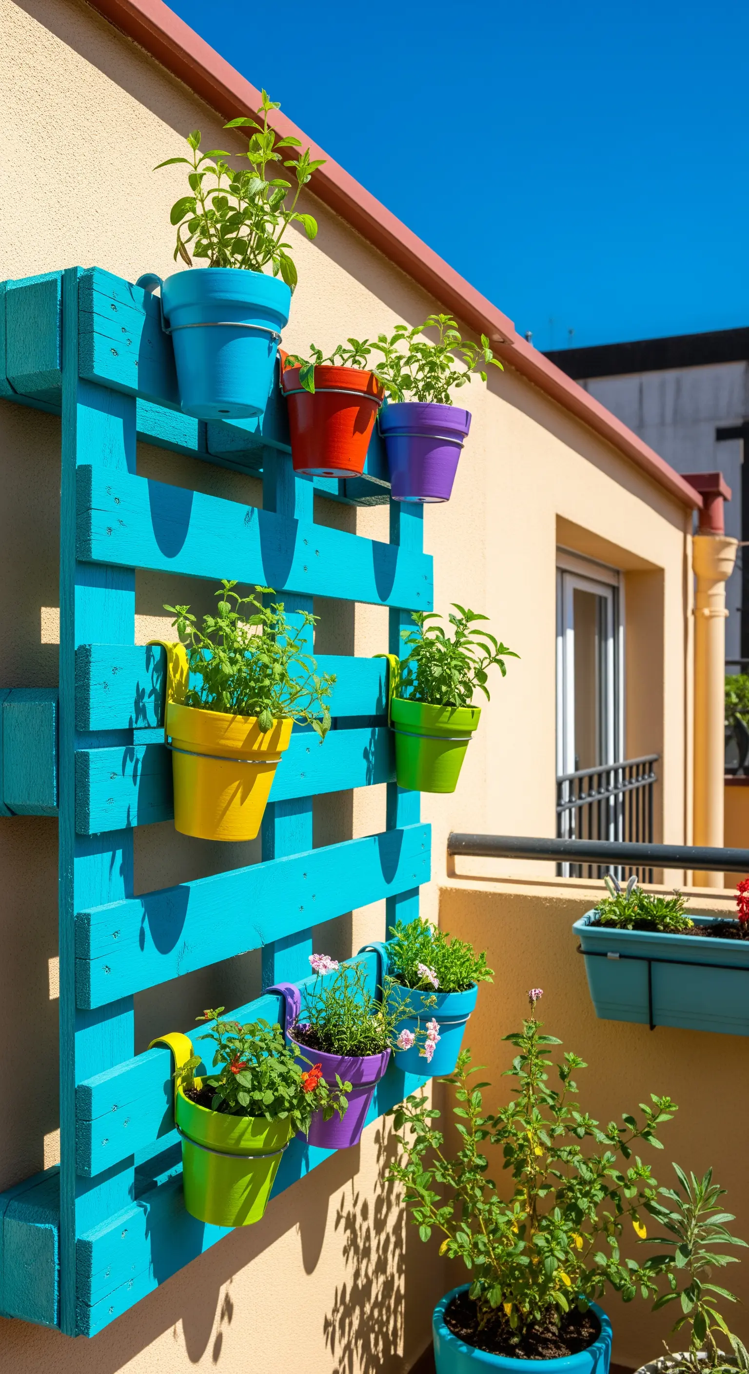 Un pallet di legno verniciato di turchese e usato come giardino verticale sul balcone.
