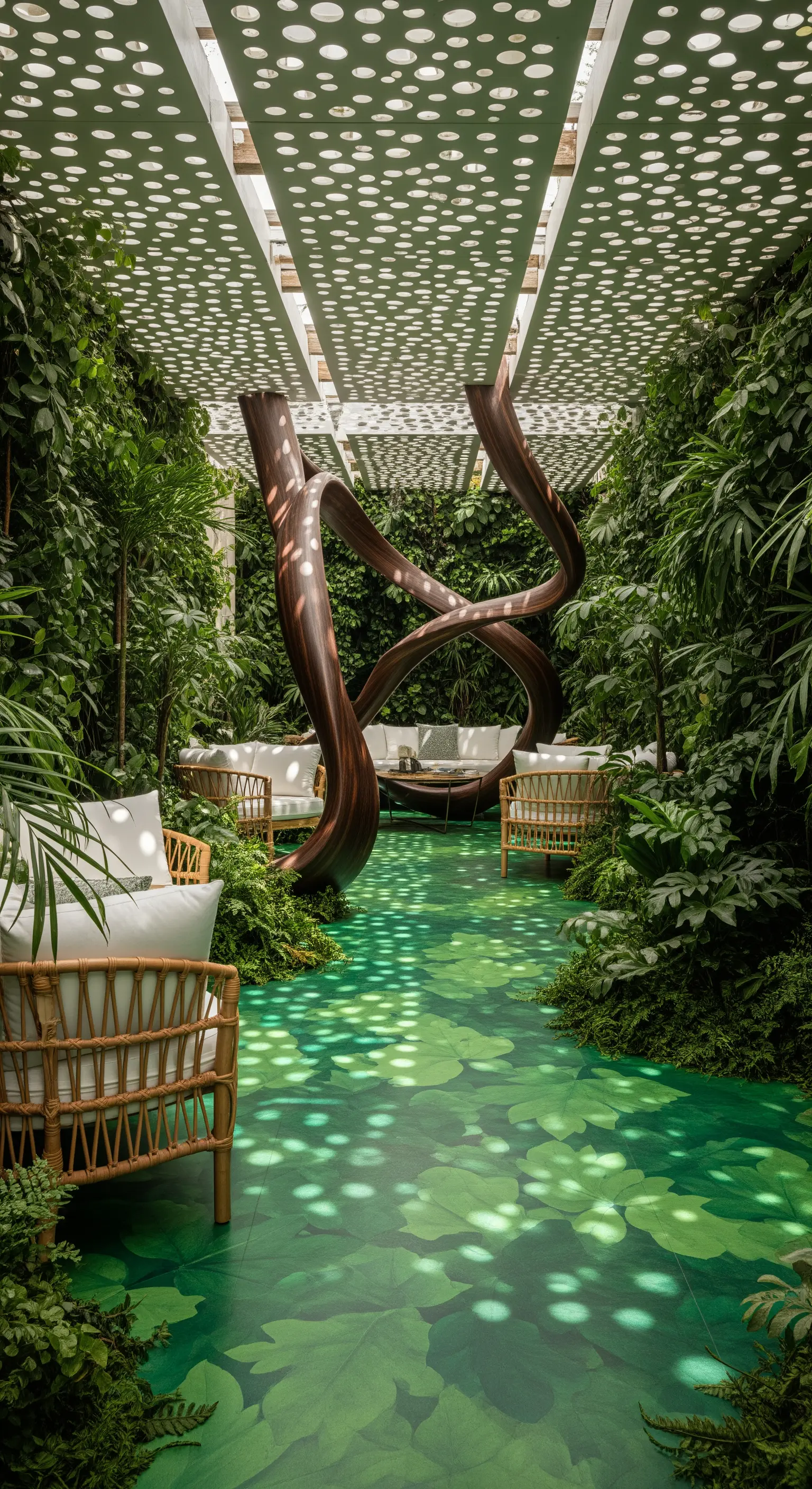 Patio lussureggiante con pareti verdi, pavimento decorato a foglie e scultura in legno.