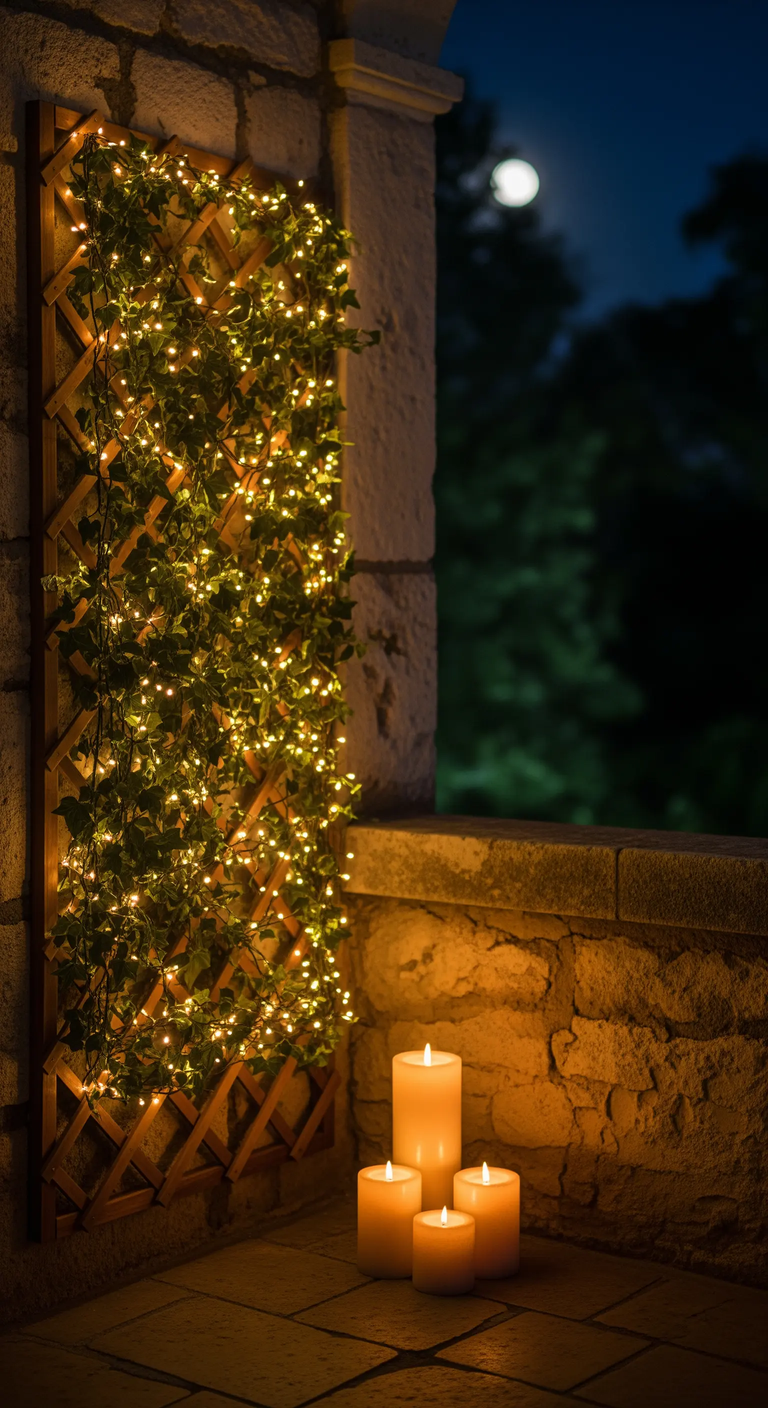 Graticcio in legno con edera avvolto da luci LED, con tre candele accese alla base su un pavimento in pietra