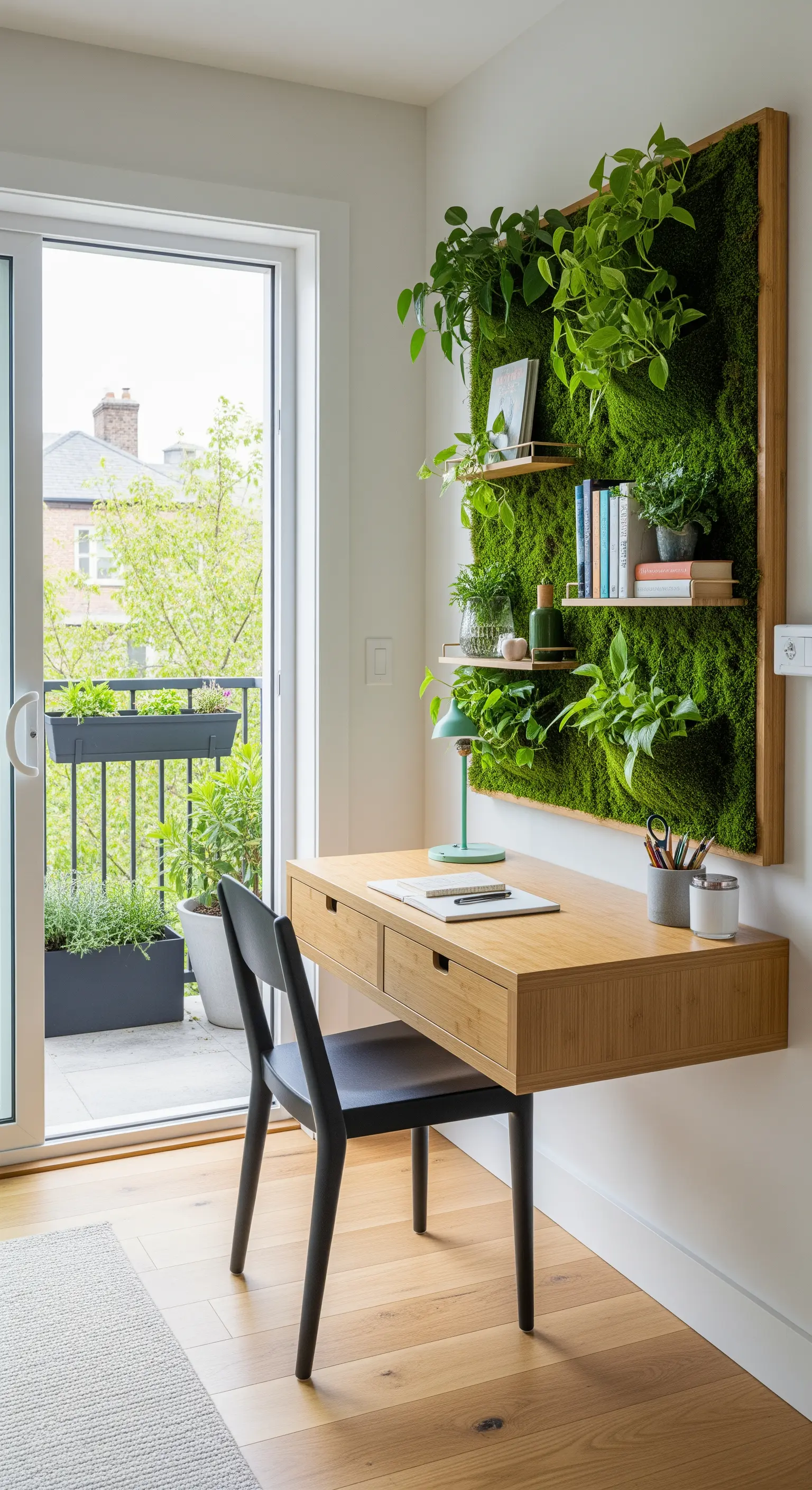 Scrivania in legno di bambù davanti a una parete con un giardino verticale di muschio e piante.