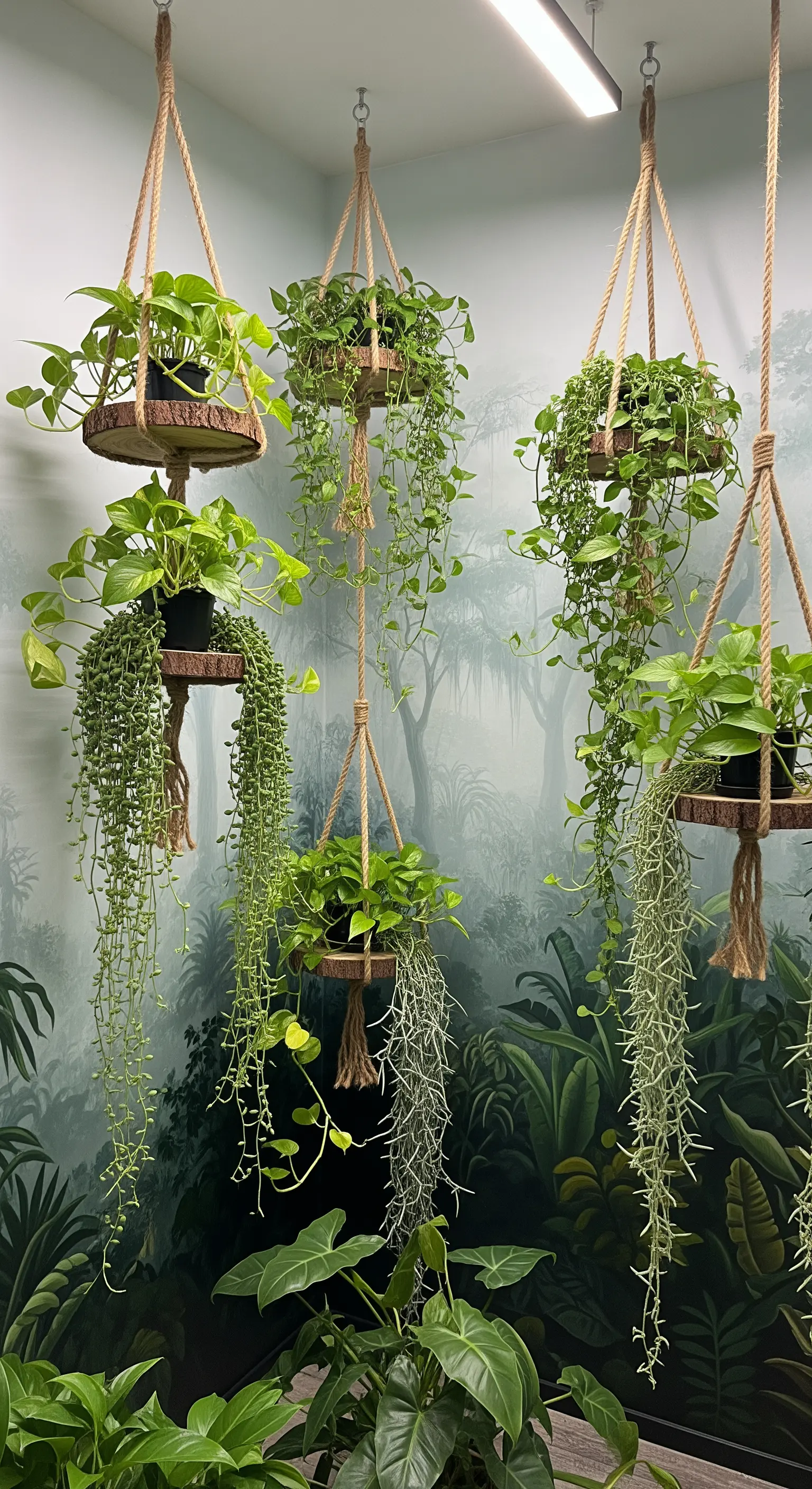 Piante sospese a diverse altezze davanti a un murale di una giungla nebbiosa.