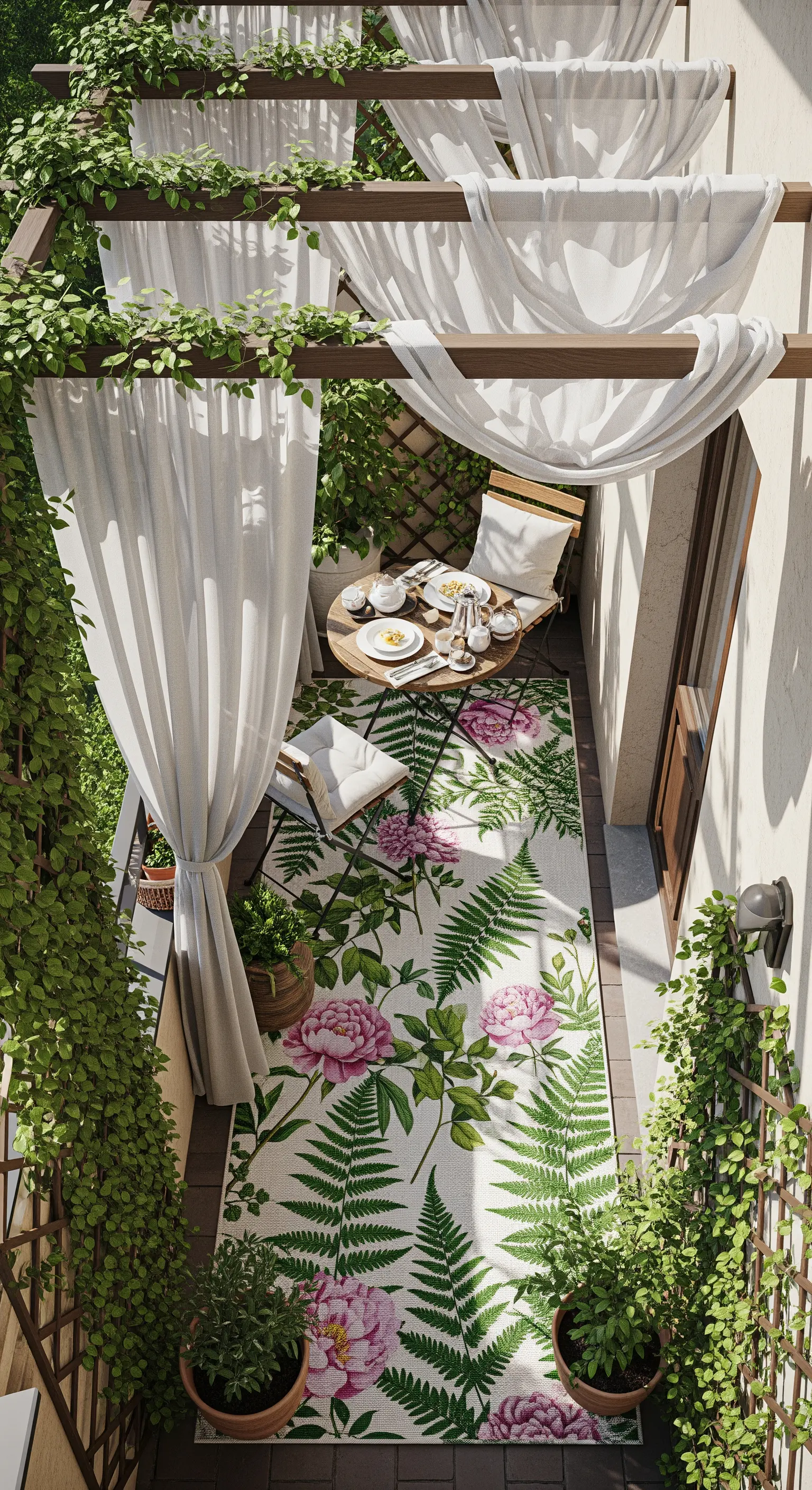Balcone stretto e lungo con pareti di rampicanti, tende bianche e tappeto a tema botanico.