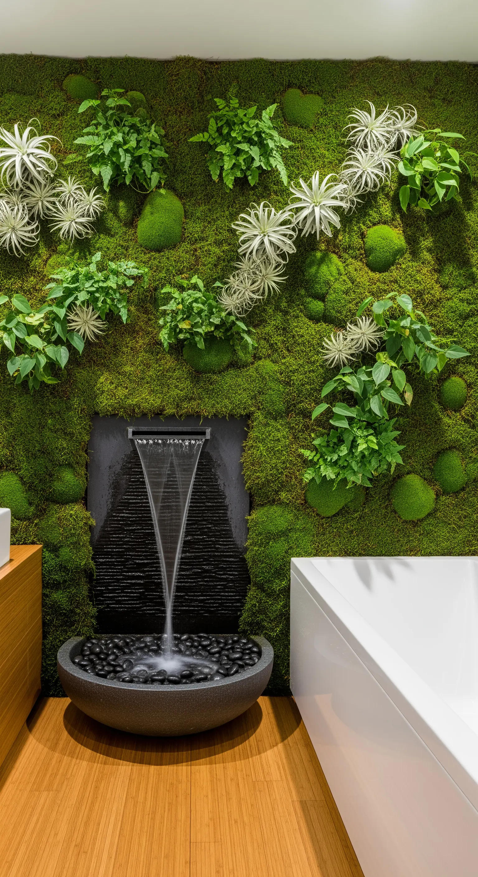 Parete verde verticale con piante e muschio, da cui emerge una piccola cascata nera.