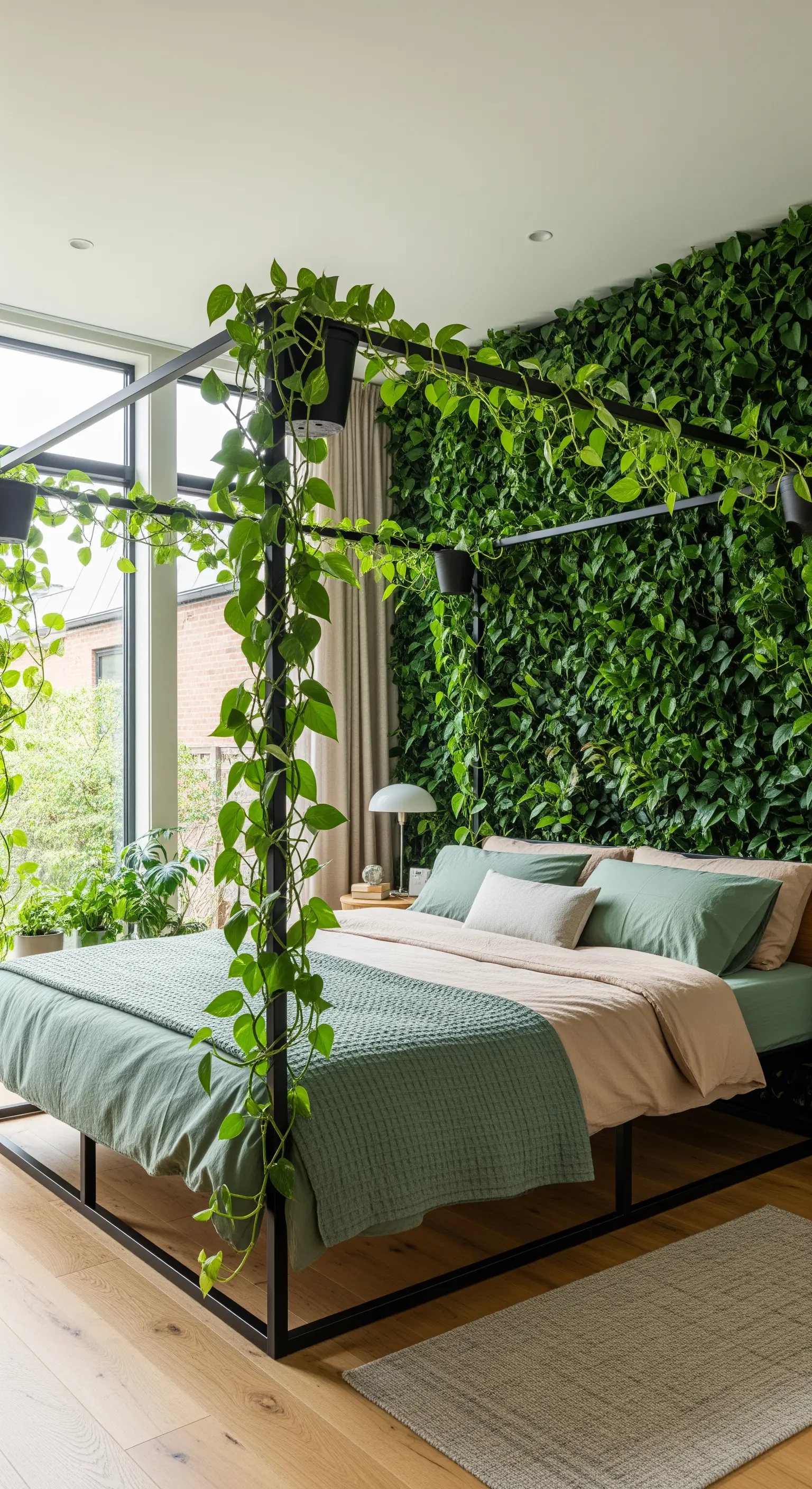 Letto a baldacchino nero con piante rampicanti e una parete verde verticale sullo sfondo.