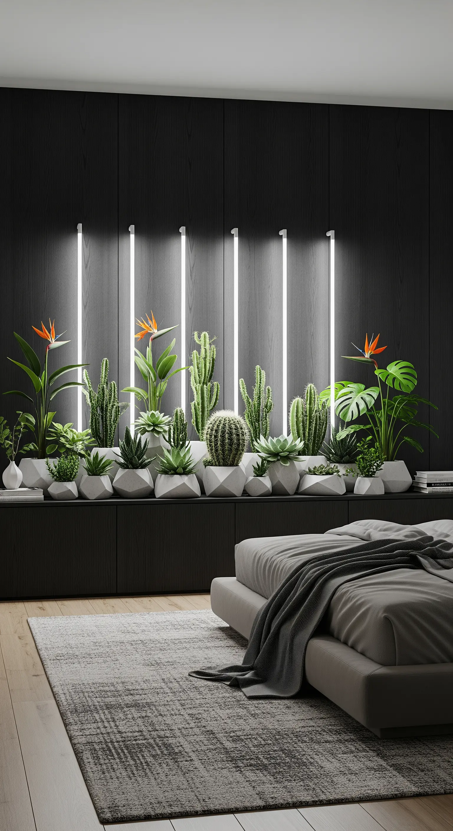 Fila di cactus e succulente in vasi geometrici, illuminata da luci a LED verticali su una parete scura.