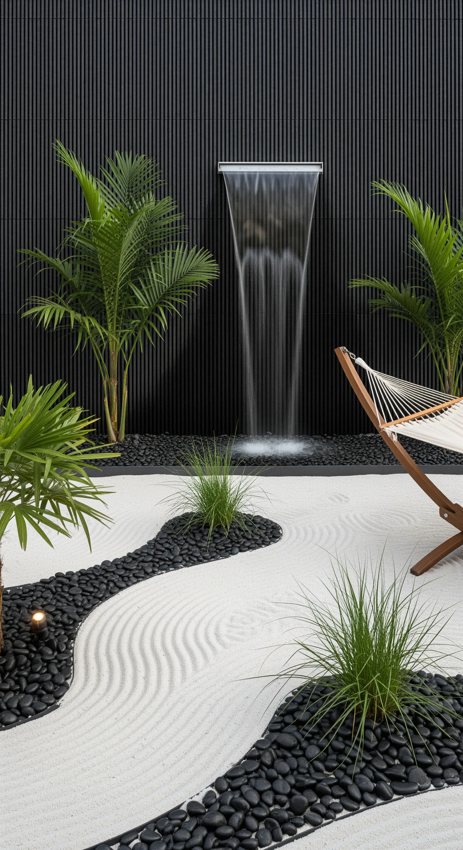 Giardino zen con sabbia bianca rastrellata, sassi neri, cascata su parete nera e amaca in legno