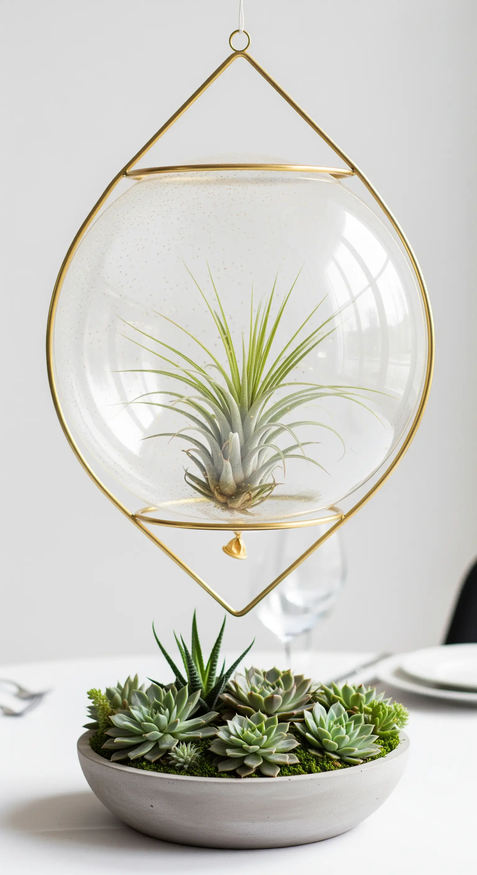 Centrotavola zen con ciotola di piante grasse e terrario geometrico sospeso con pianta aerea.