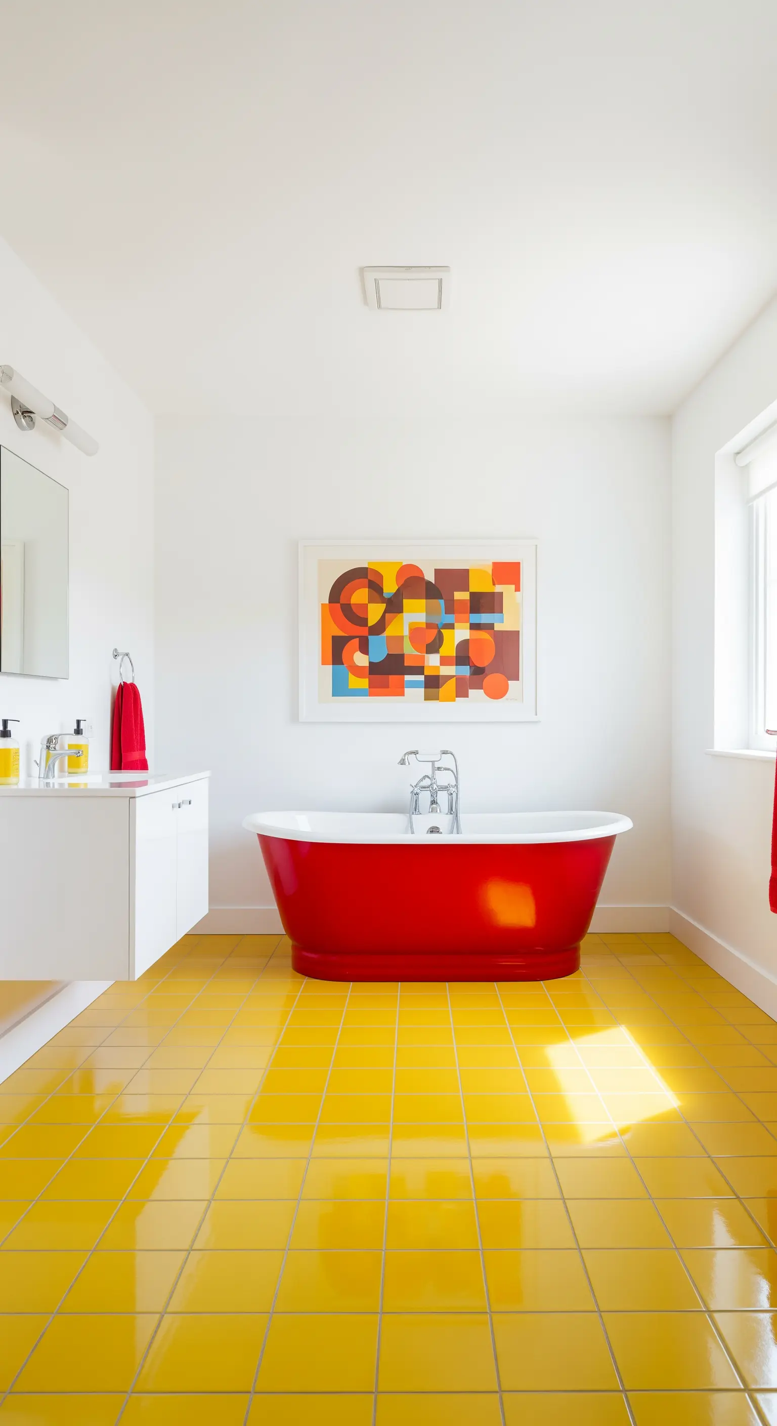 Bagno bianco con pavimento in piastrelle gialle e vasca freestanding rossa.