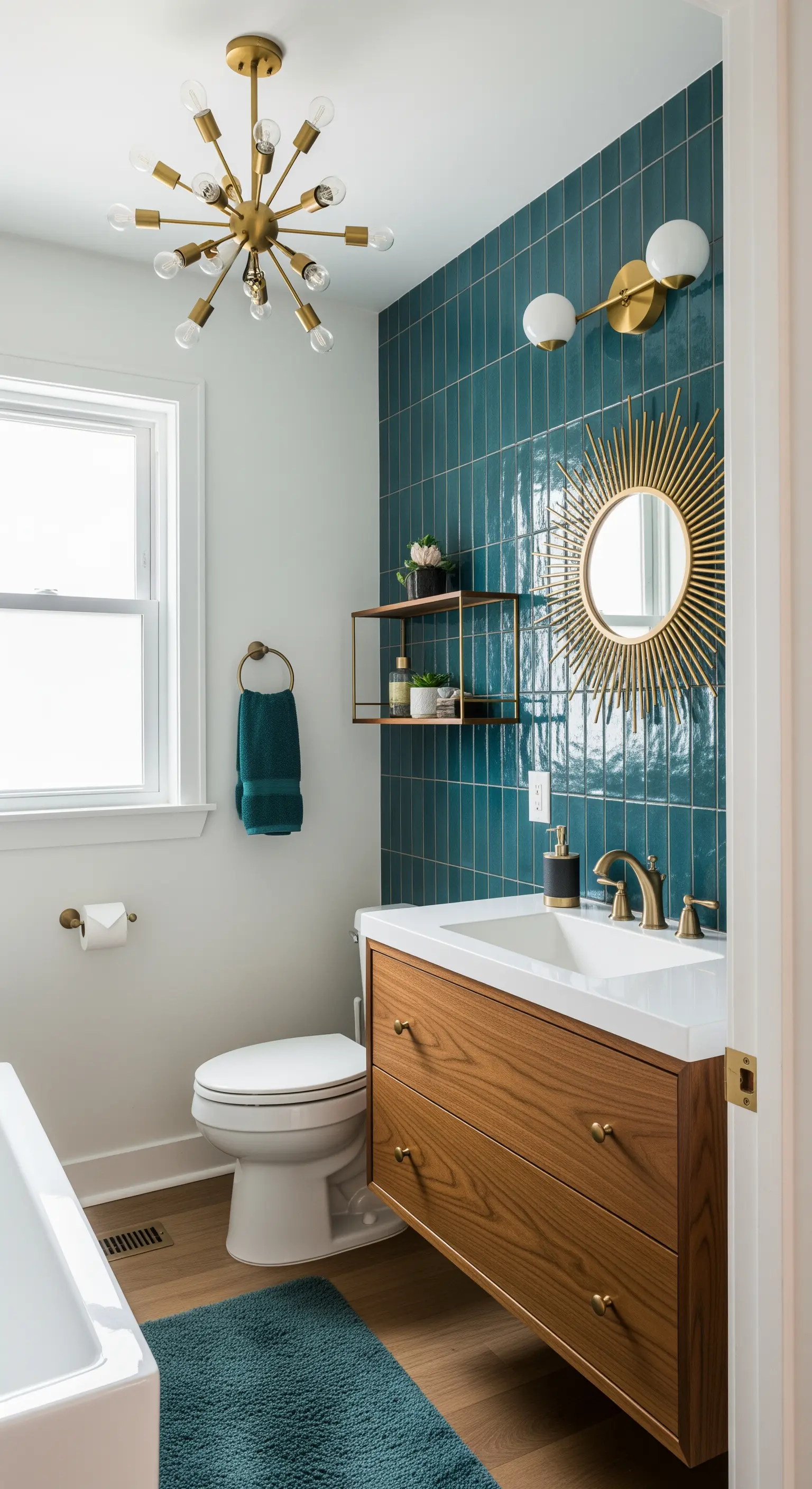 Bagno con piastrelle verticali blu, mobile sospeso in noce e dettagli in ottone.