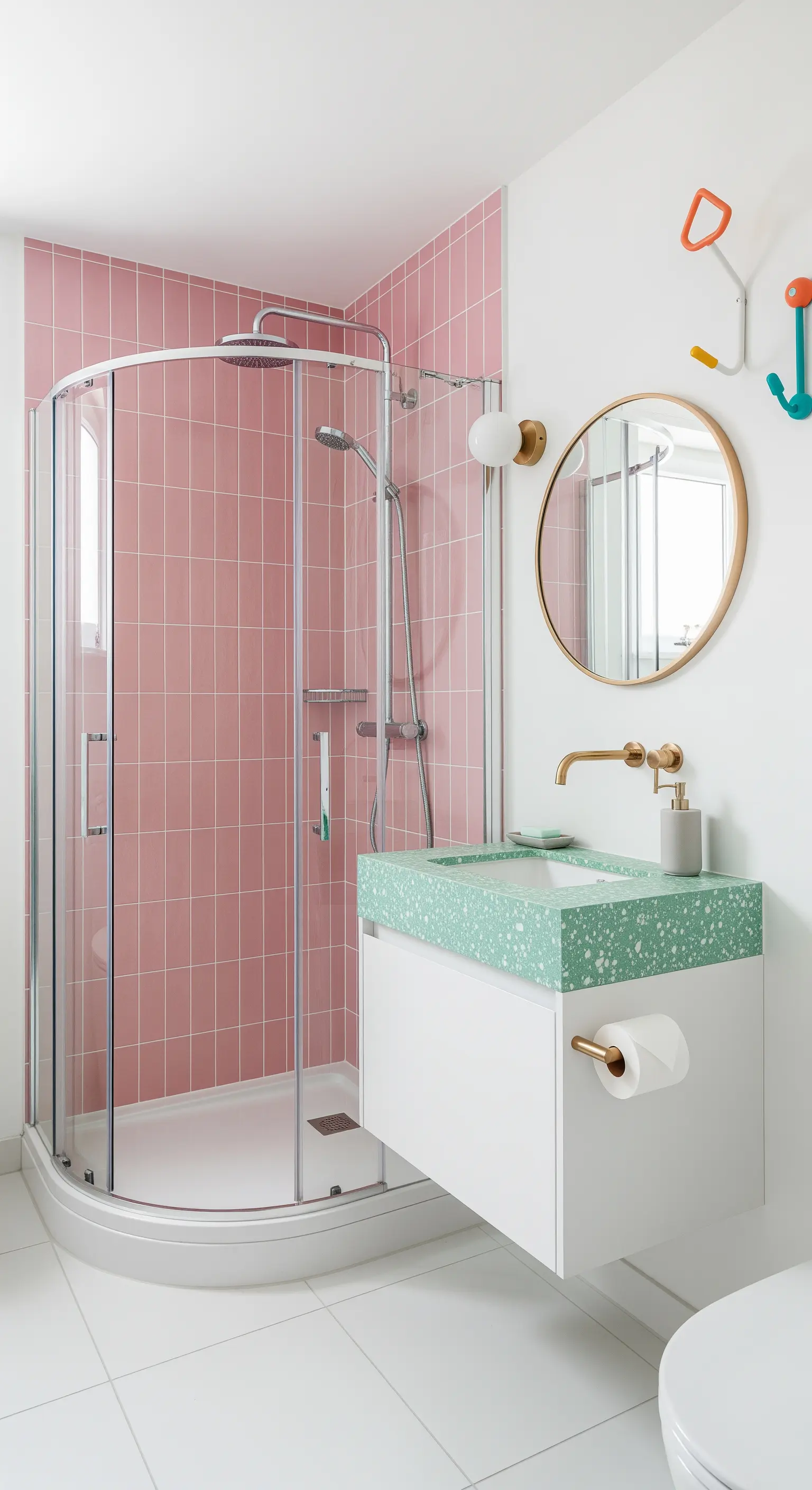 Bagno con doccia angolare con piastrelle rosa e lavabo in terrazzo verde menta.