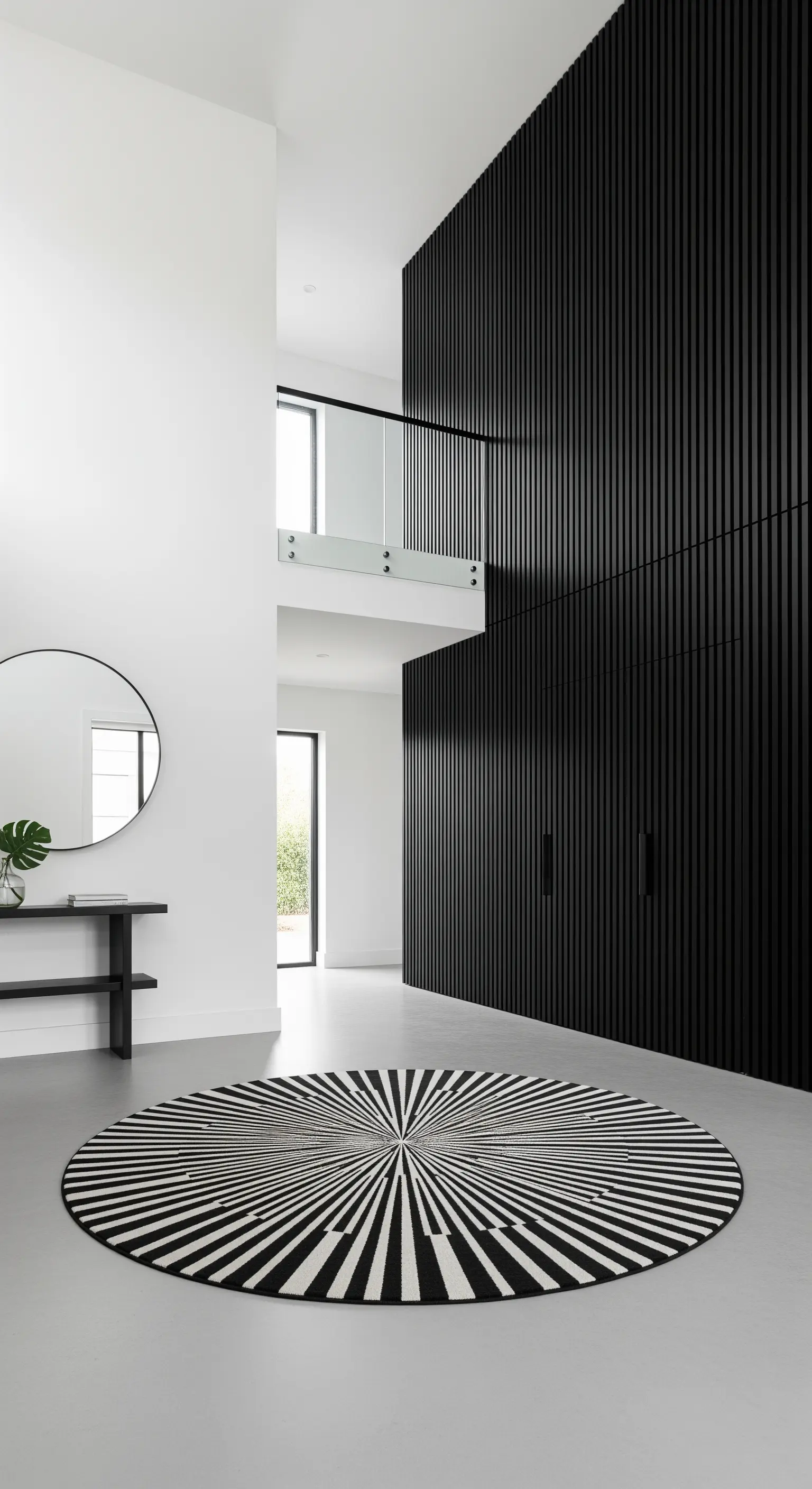 Ingresso moderno con parete a listelli neri verticali e un grande tappeto rotondo a strisce optical.