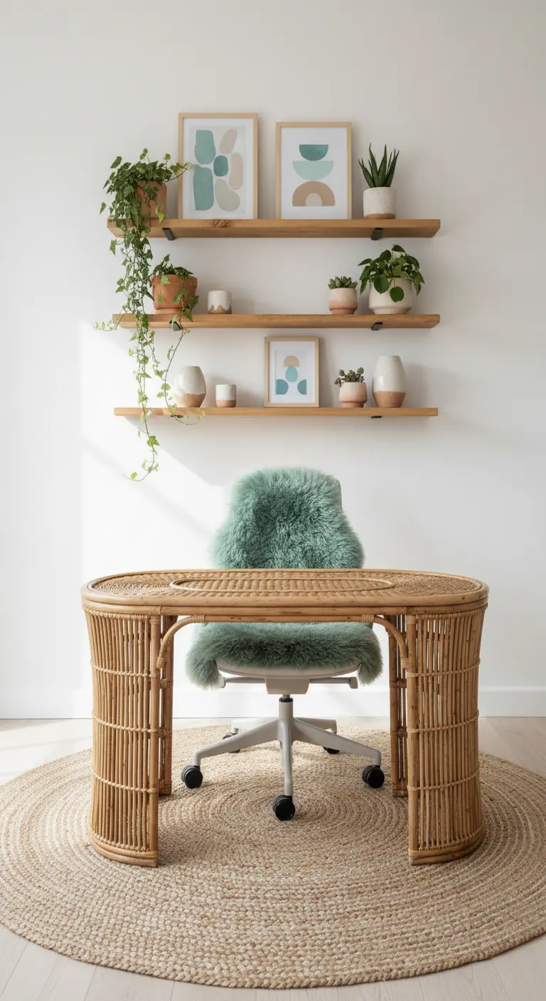 Scrivania ovale in rattan con sedia da ufficio girevole rivestita di pelliccia verde acqua.