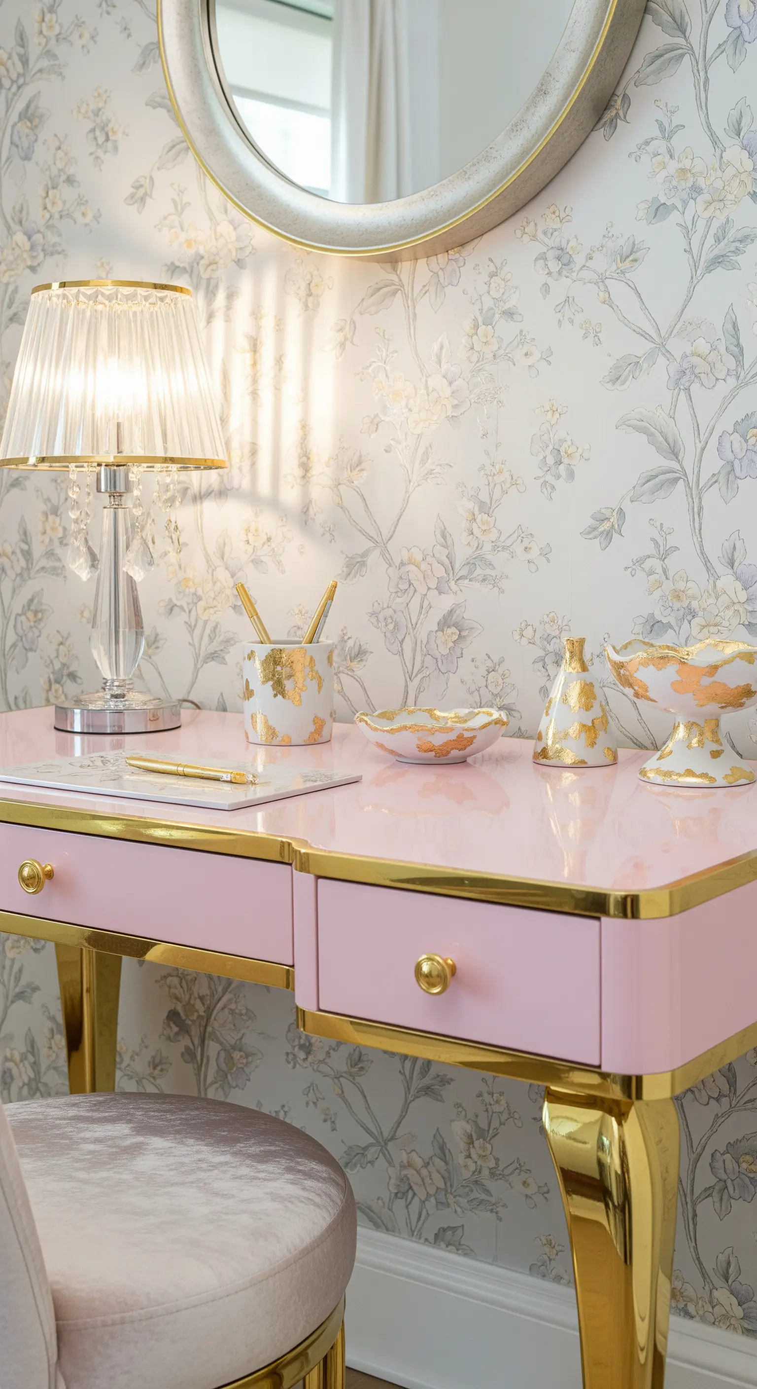 Scrivania rosa laccato con gambe e pomelli dorati, davanti a una carta da parati floreale.