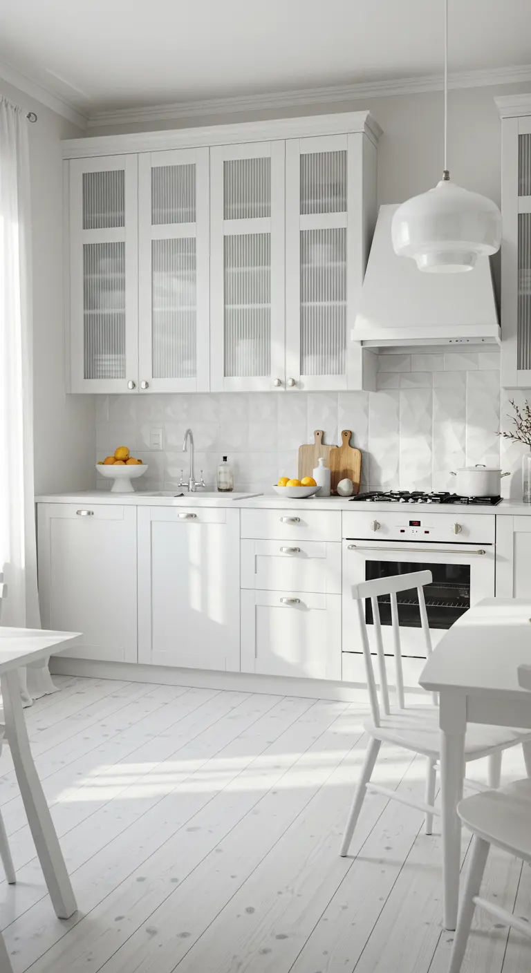 Cucina total white con pensili dotati di ante in vetro cannettato e pavimento in legno bianco.