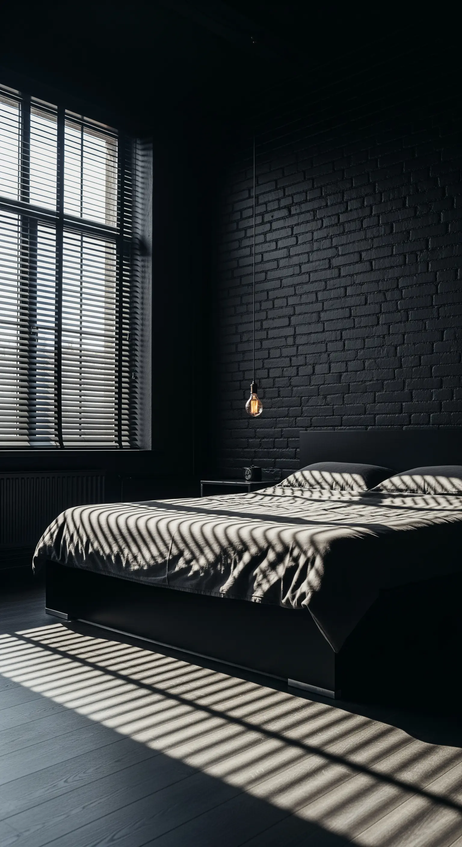 Camera da letto total black con luce che filtra da una persiana, creando strisce luminose sul letto.