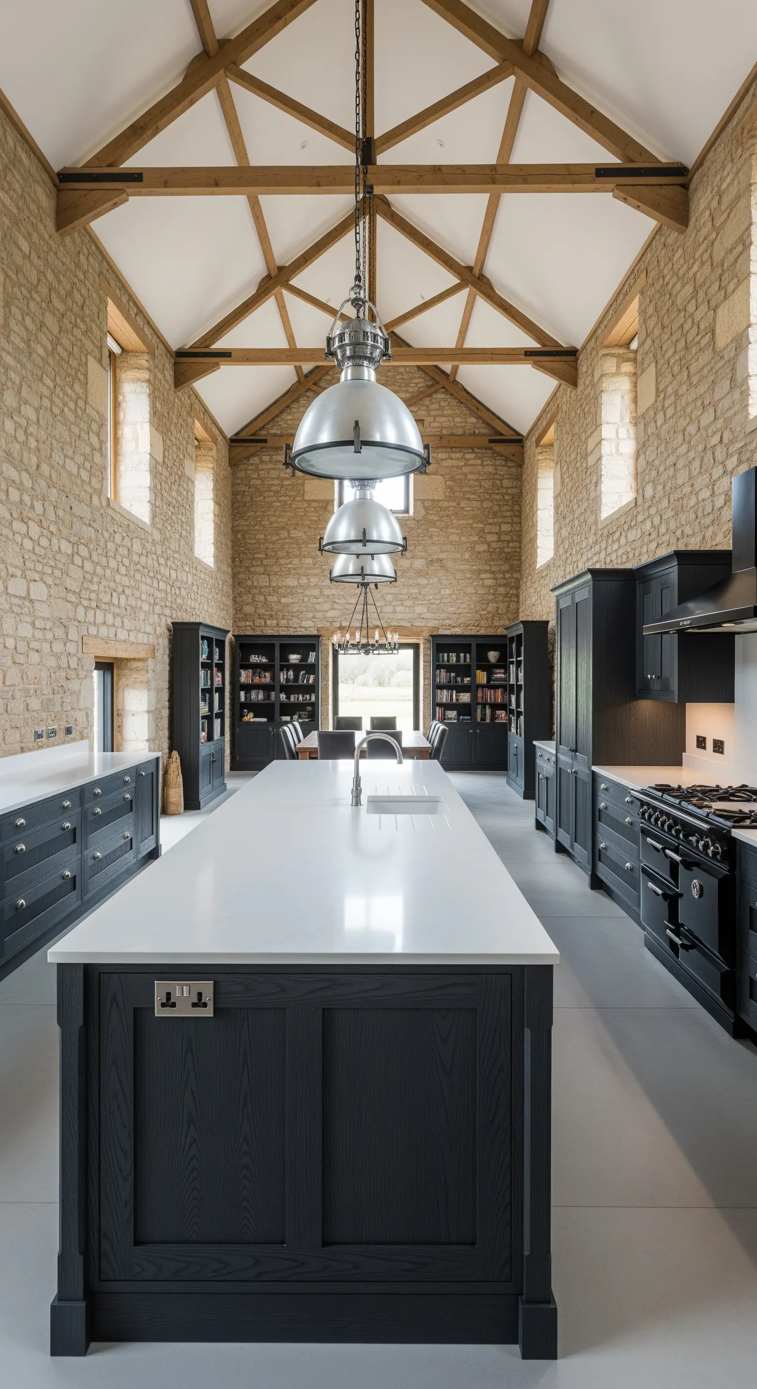 Cucina in un fienile ristrutturato con pareti in pietra, soffitti alti e lampade industriali.