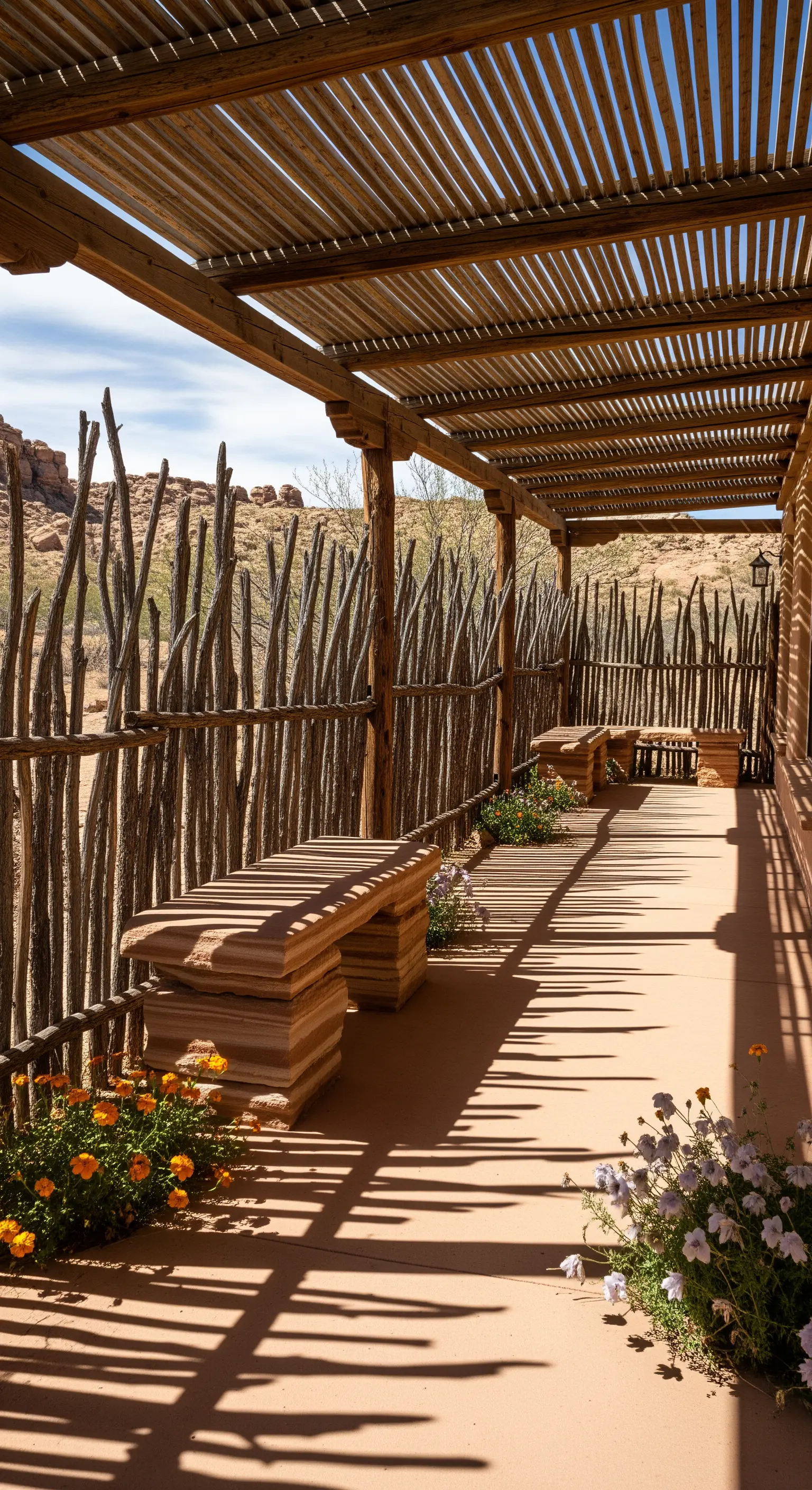 Portico con pergola a listelli, panche in arenaria e recinzione in rami grezzi.