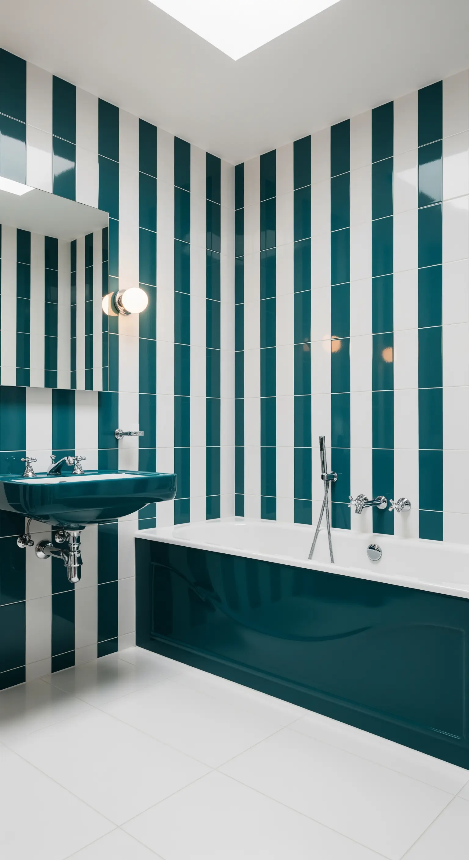 Bagno con pareti a righe verticali bianche e color petrolio e sanitari abbinati.