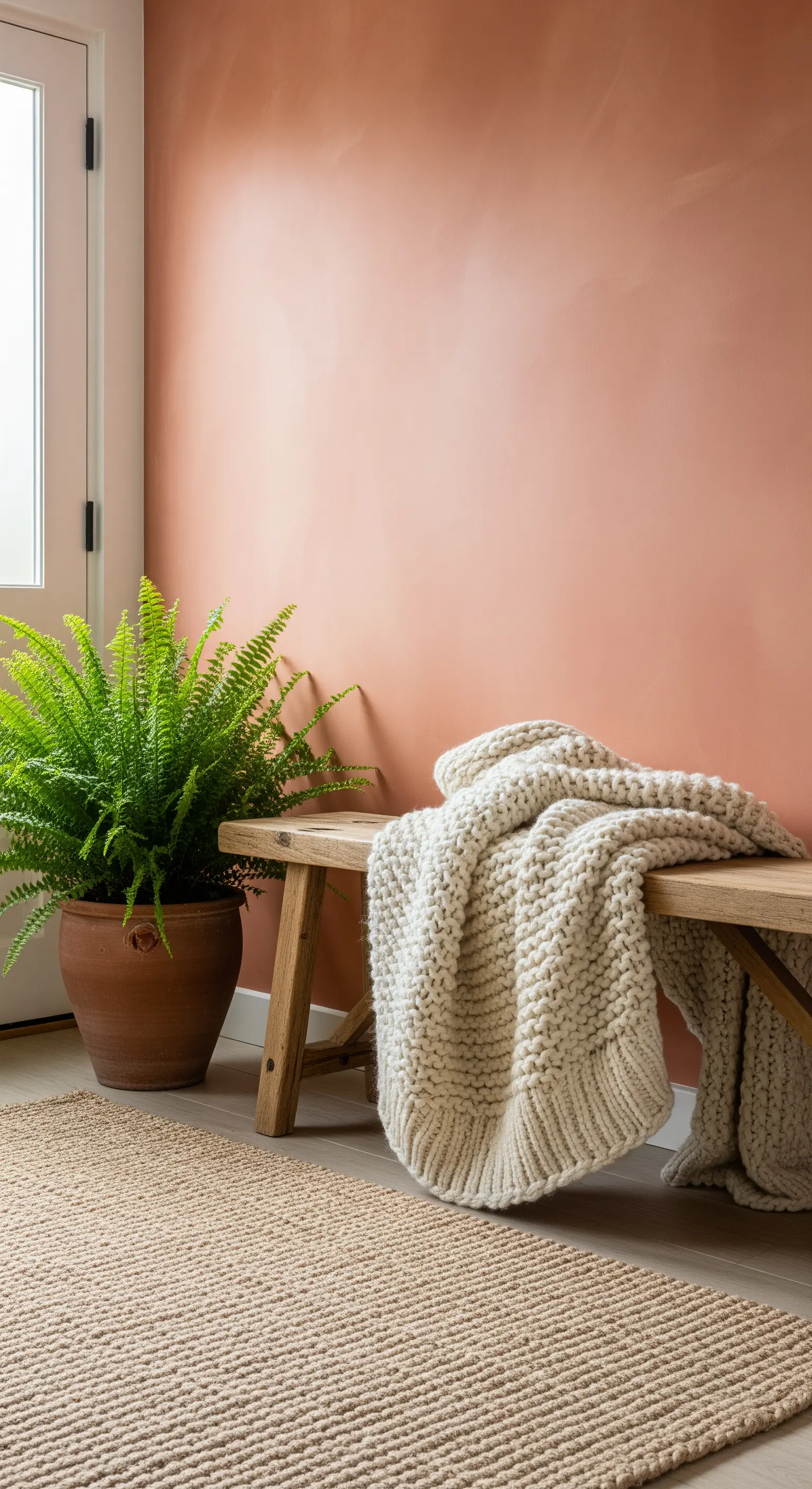 Dettaglio di un ingresso con panca in legno, coperta a maglia grossa e tappeto in juta.