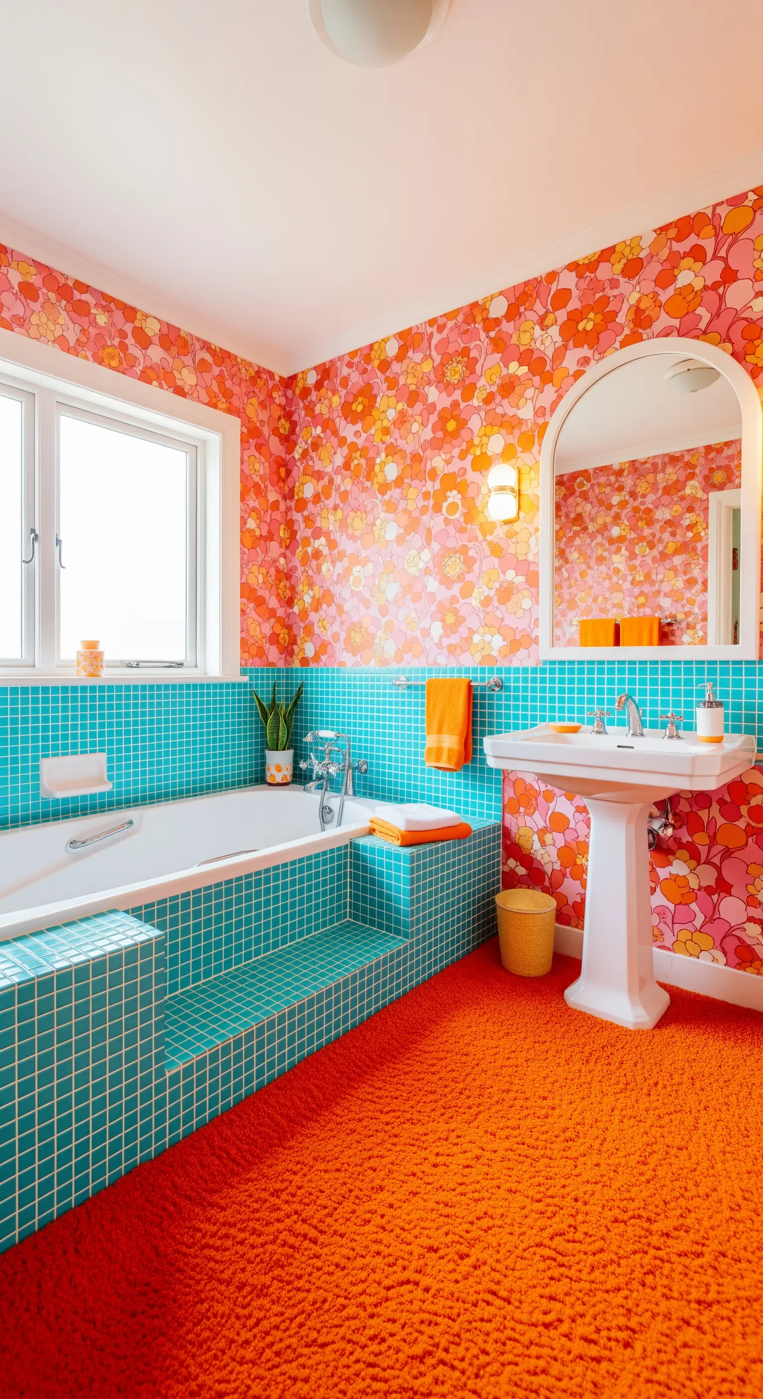 Bagno colorato con carta da parati floreale, piastrelle turchesi e moquette arancione.