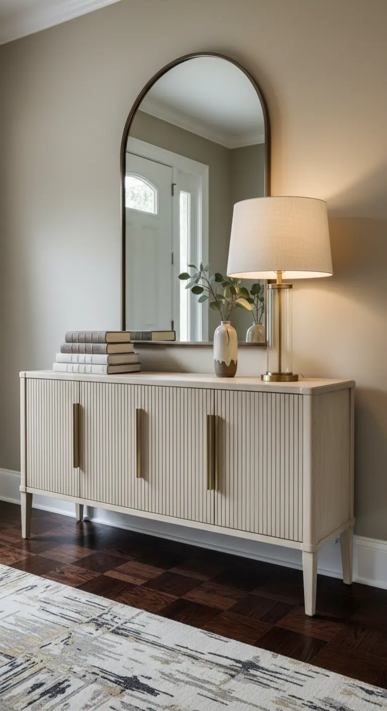 Credenza chiara con ante a listelli, specchio ad arco e lampada da tavolo con base dorata.