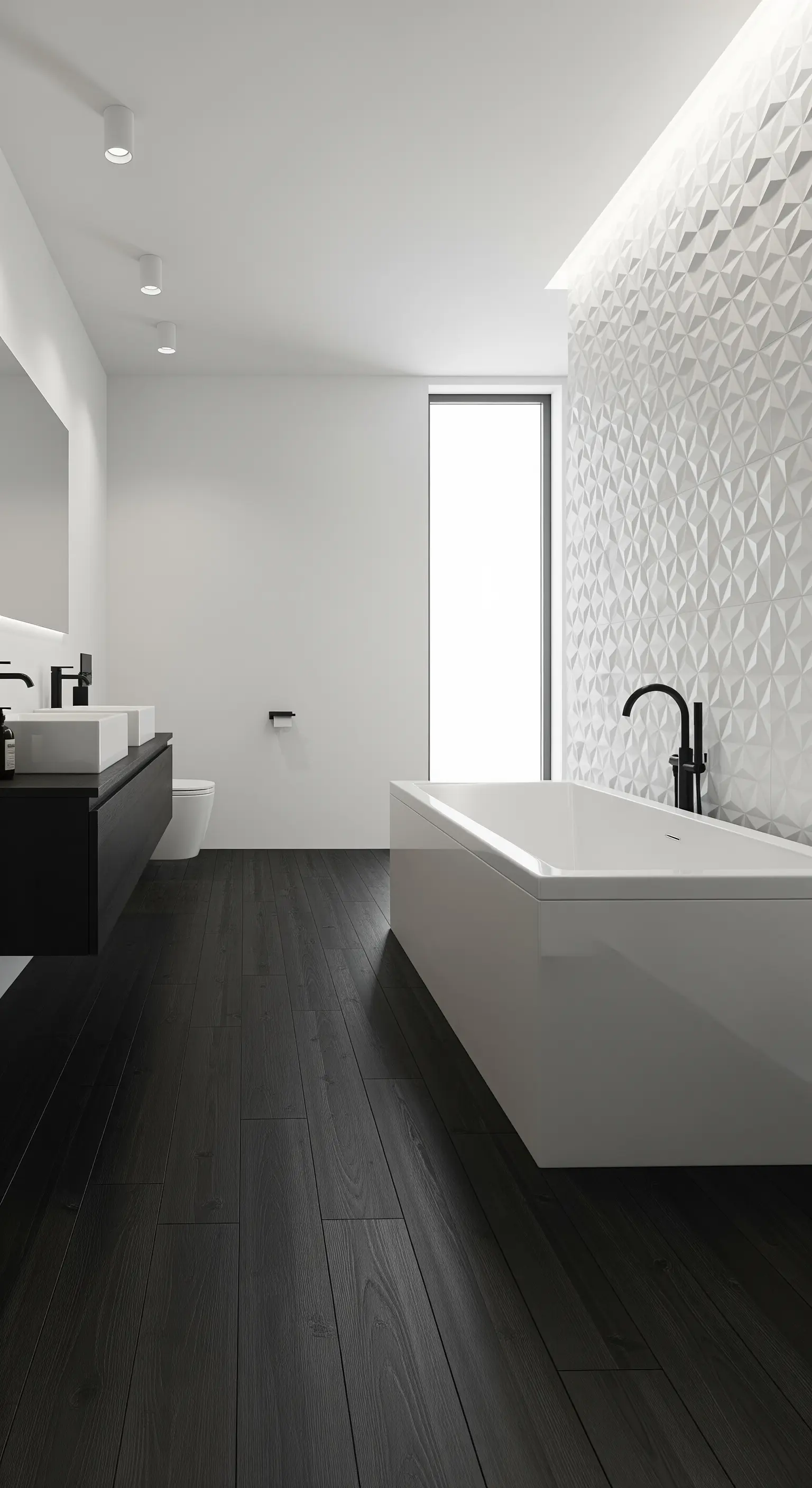 Bagno minimalista in bianco e nero con parquet nero e una parete con piastrelle bianche 3D.