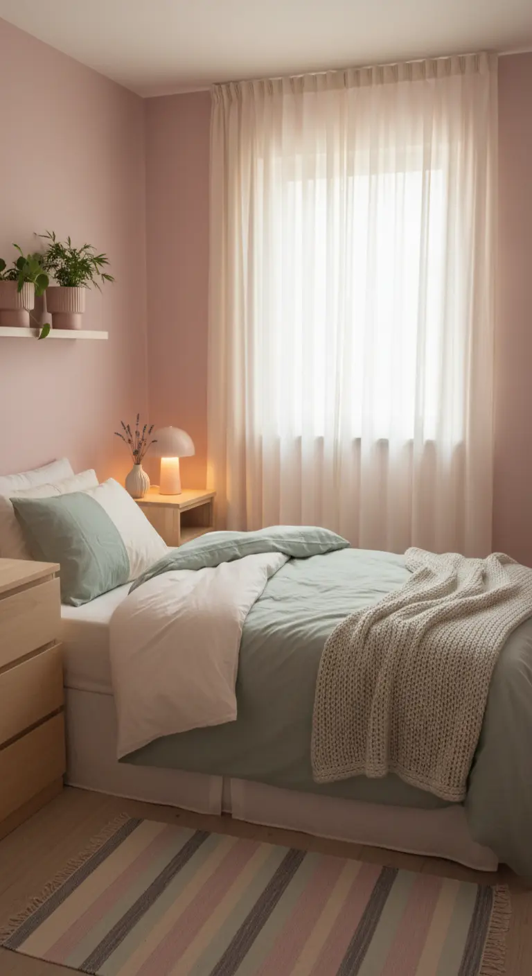 Camera da letto piccola con pareti rosa, biancheria verde menta e arredi in legno chiaro.