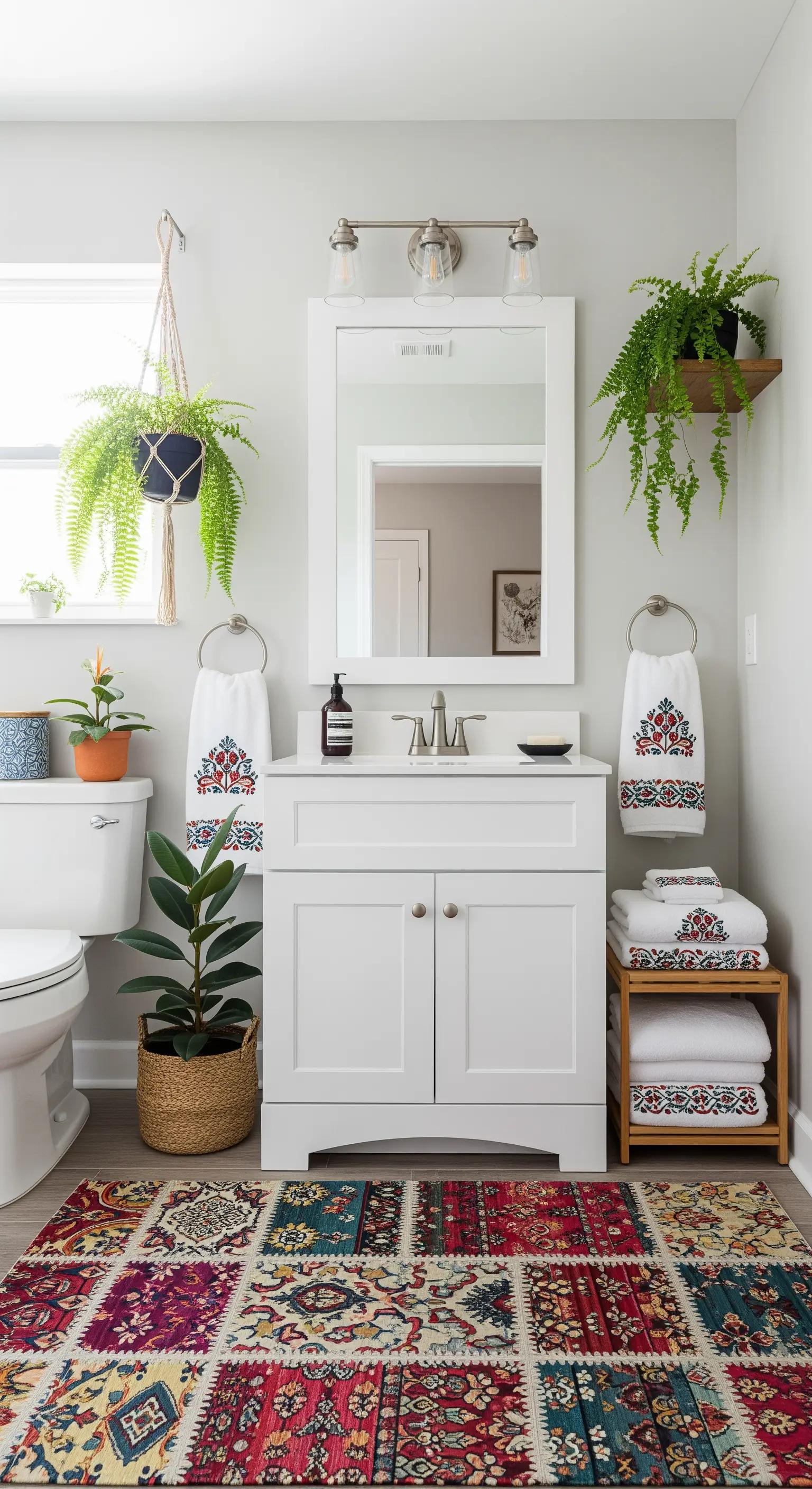 Bagno bianco e semplice con un vivace e colorato tappeto in stile patchwork.