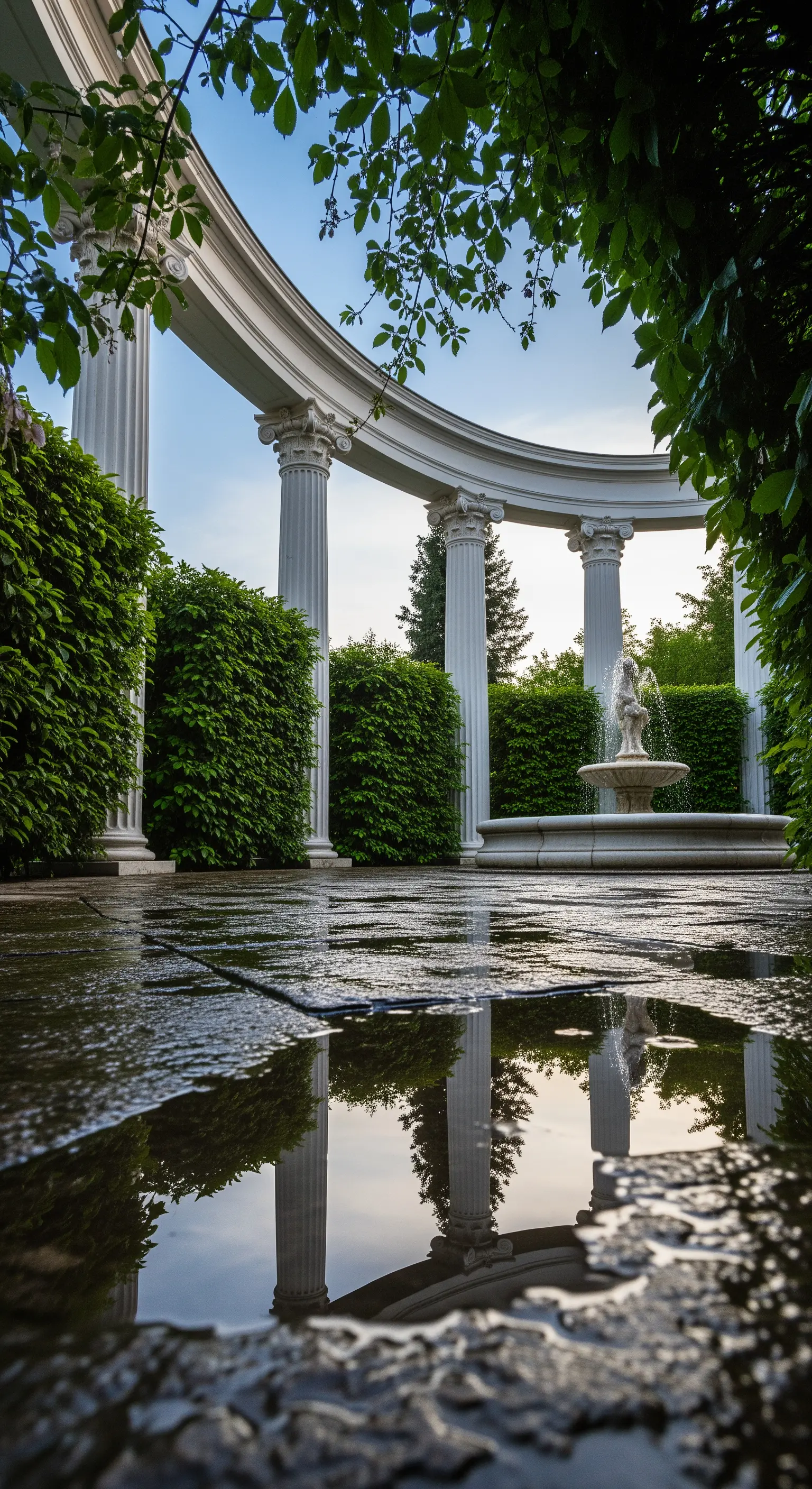 Riflesso di colonne bianche e di una fontana in una pozzanghera su un pavimento in pietra.