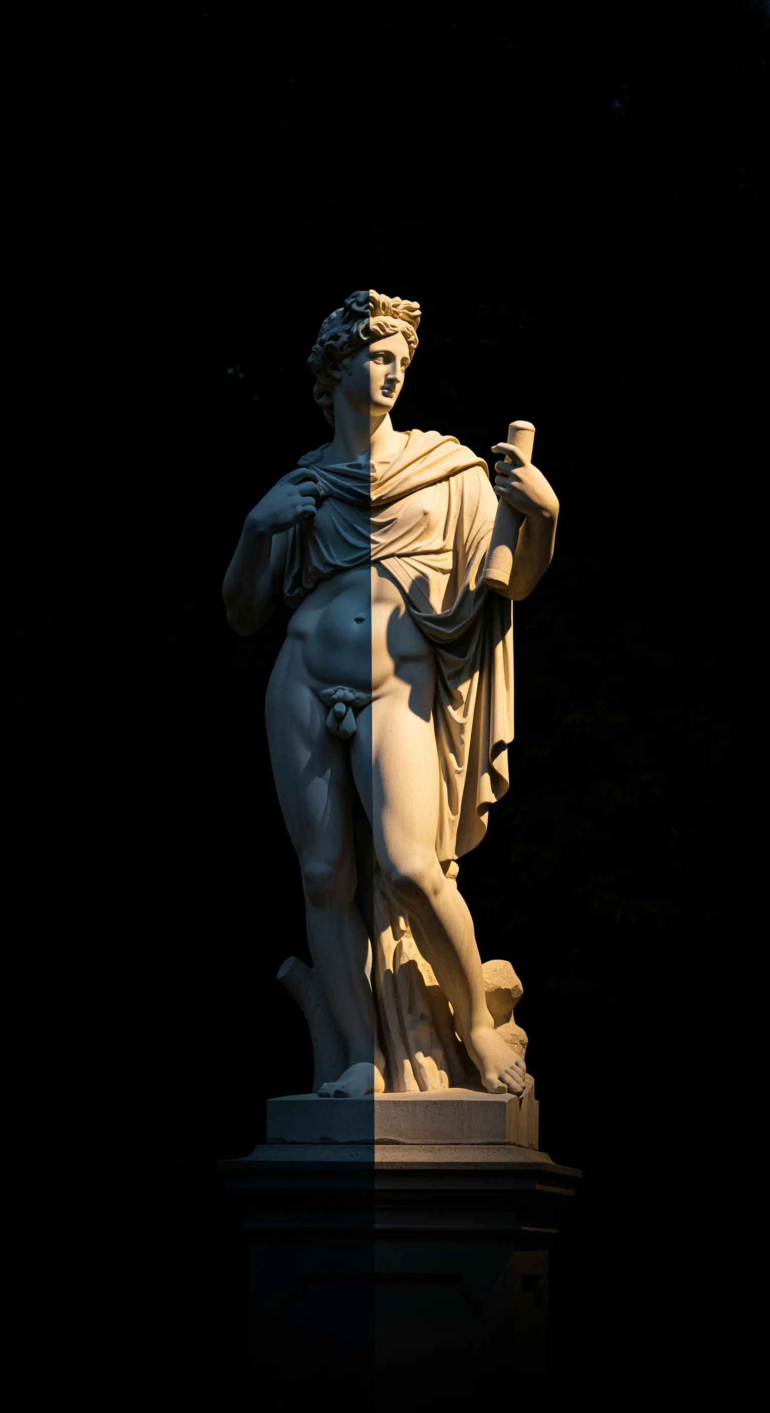 Statua classica illuminata a metà, con una parte in piena luce e l'altra nell'ombra profonda.