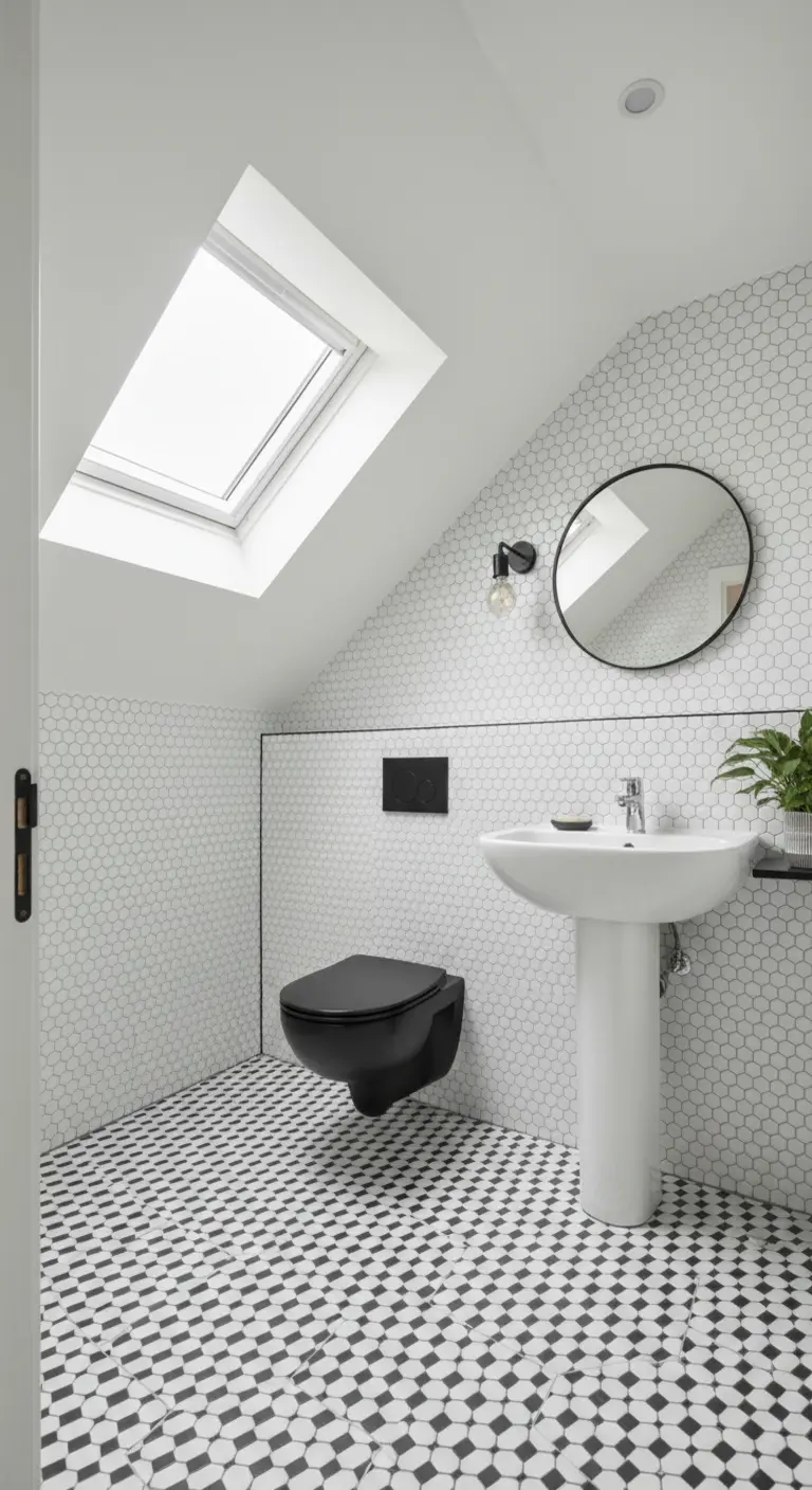 Bagno in mansarda con piastrelle esagonali bianche e pavimento geometrico.